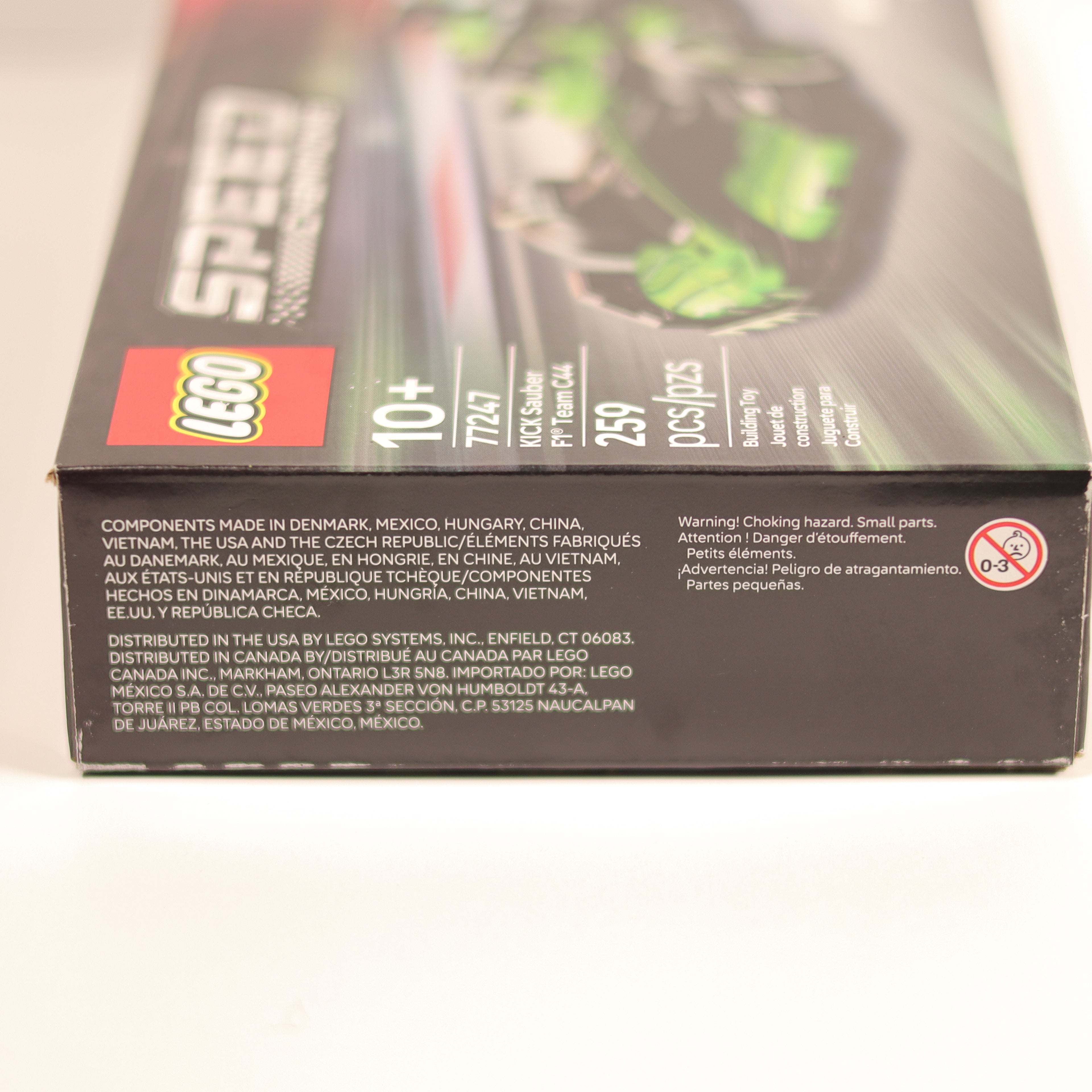 Close-up of a LEGO Speed Champions box with branding and product details.