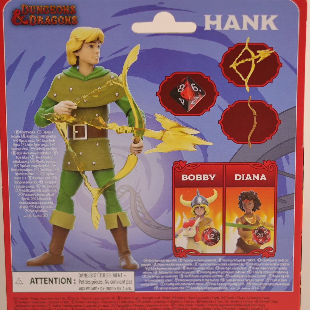 Dungeons & Dragons action figure packaging with character cards and dice on a blue and red background