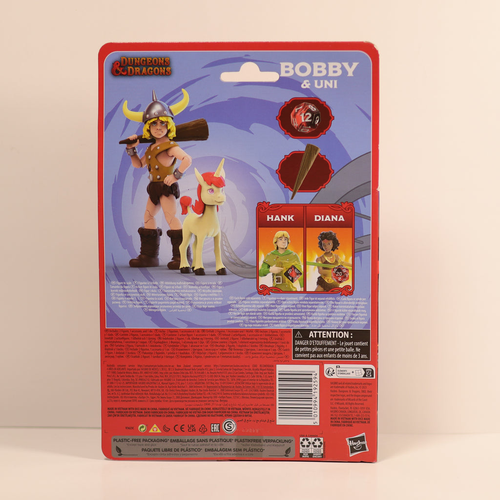 Back of a Dungeons & Dragons action figure packaging with character illustrations and text.