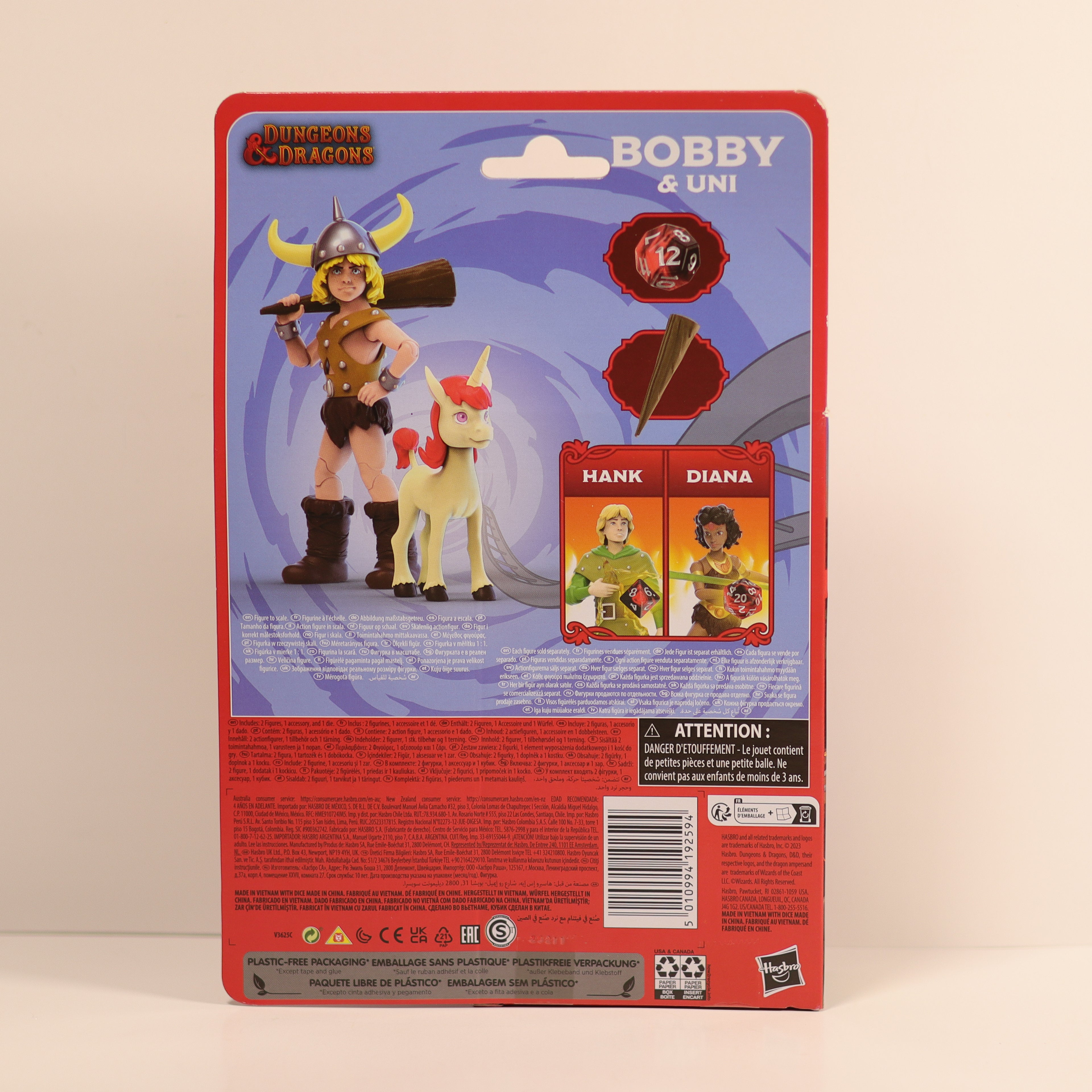 Back of a Dungeons & Dragons action figure packaging with character illustrations and text.