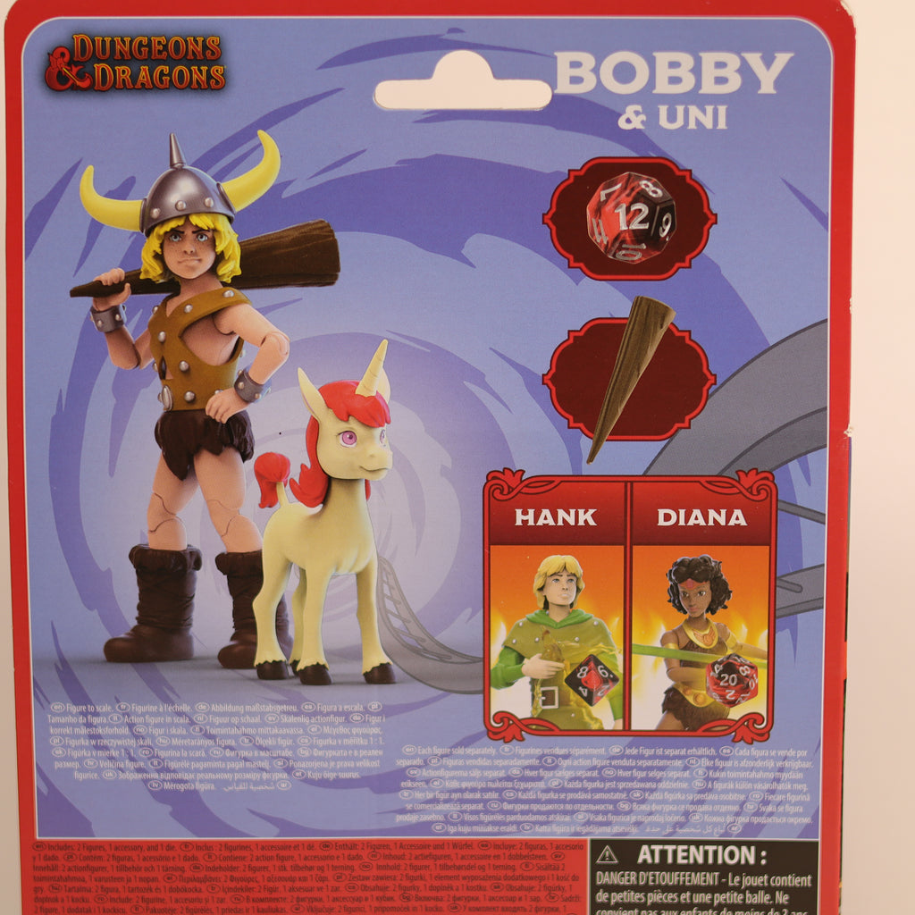 Dungeons & Dragons figurine packaging with characters Bobby, Uni, Hank, and Diana on a blue and red background.