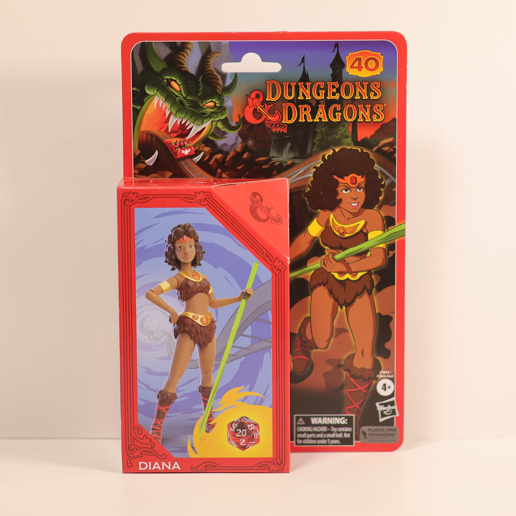 Dungeons & Dragons action figure packaging with character illustration on a beige background
