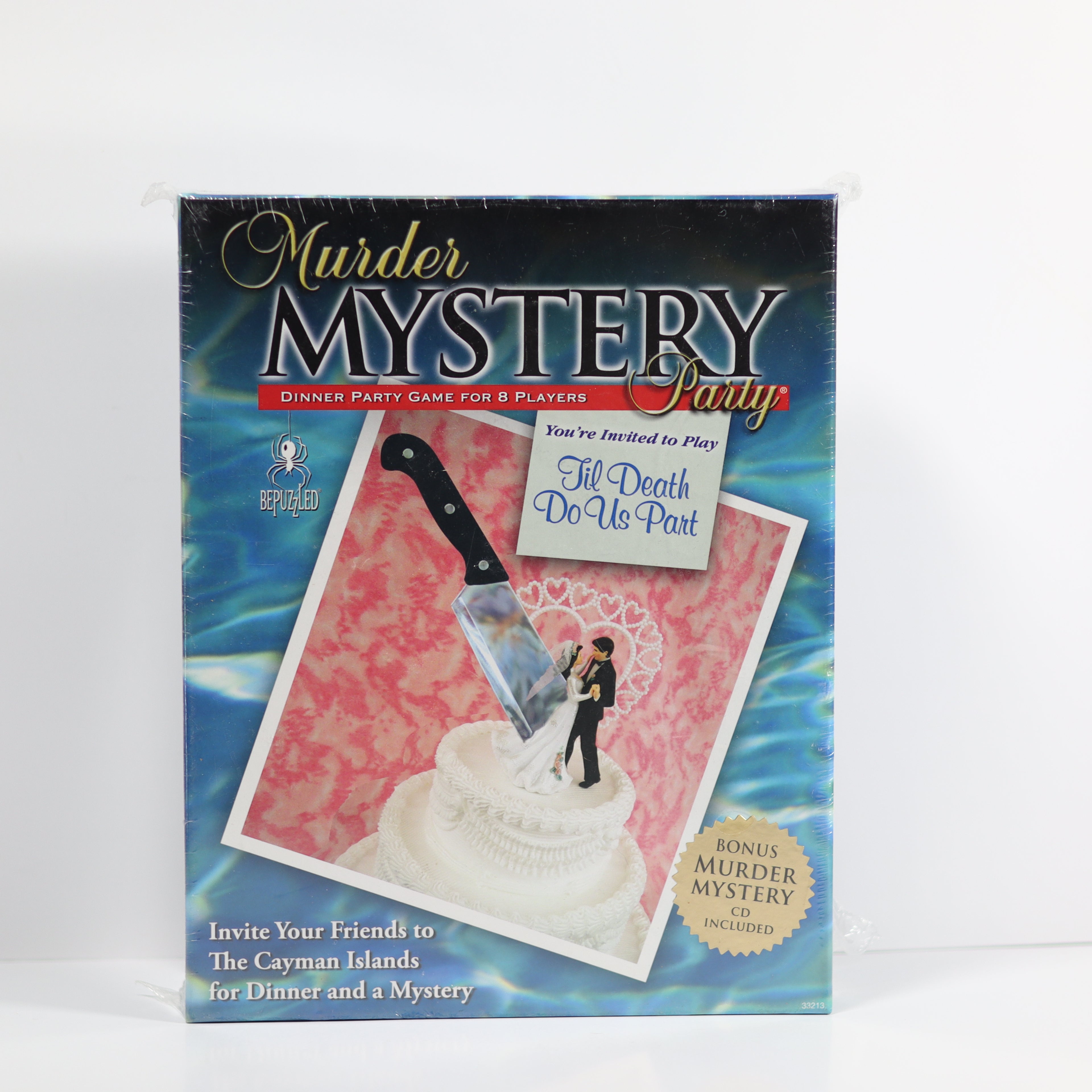 Box for a murder mystery dinner party game with a knife and cake illustration on a white background