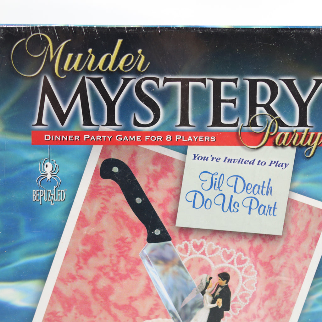 Box for a murder mystery dinner party game with a knife and card on a colorful background.