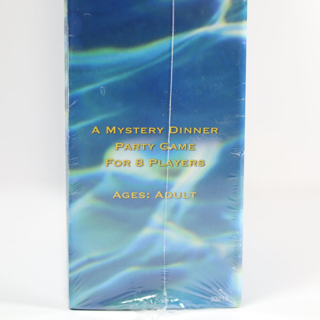 Mystery dinner party game packaging with blue and green marbled design on a white background