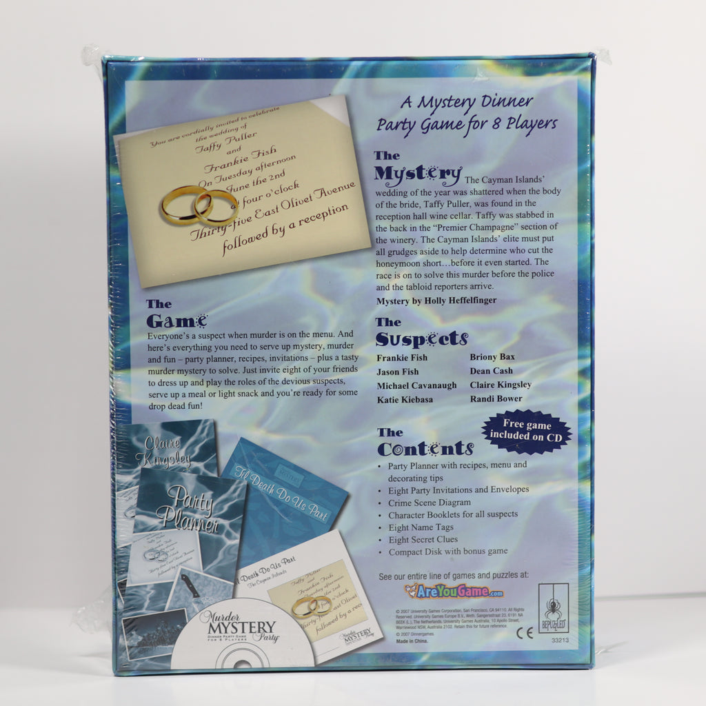 Mystery dinner party game packaging with text and images on a white background