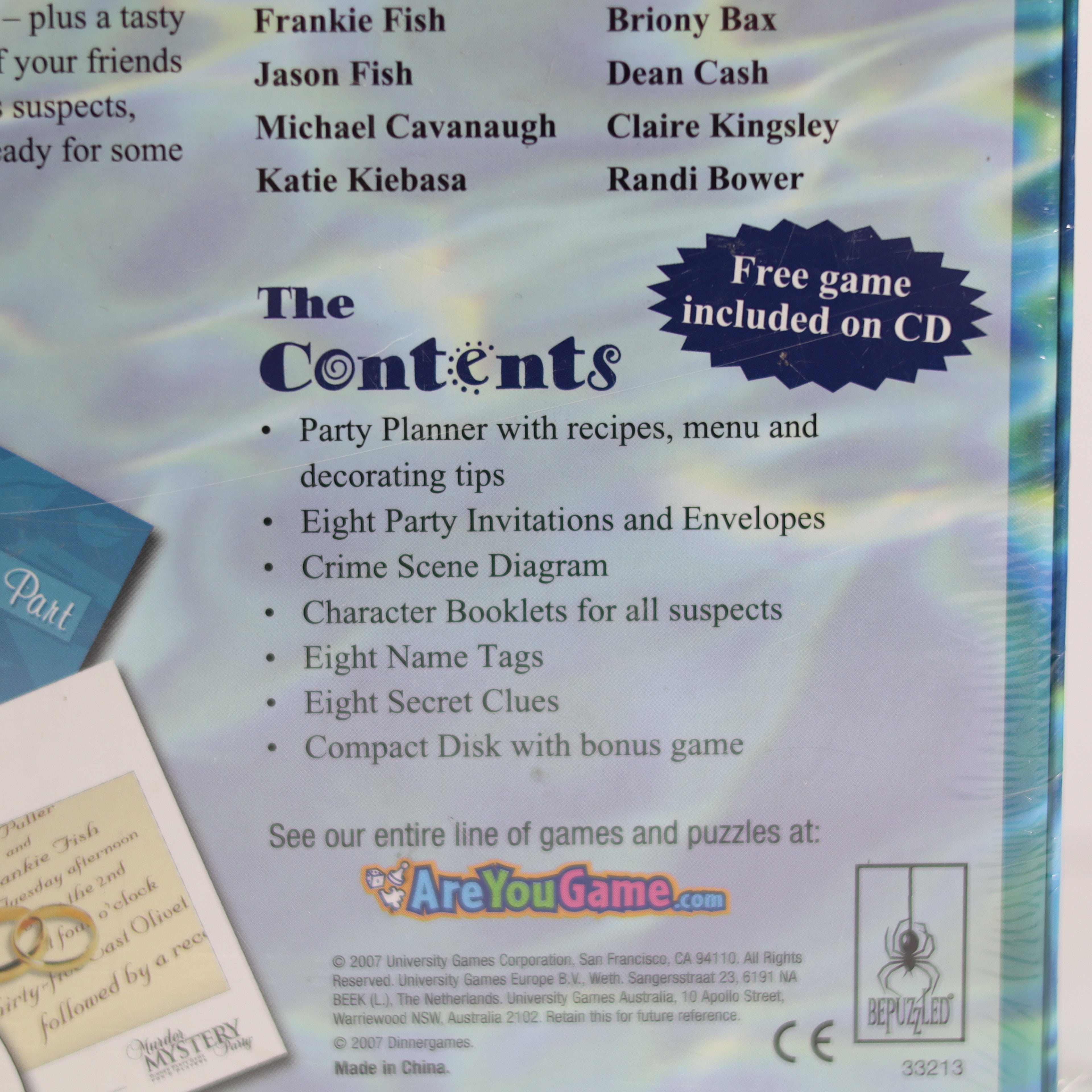 Back of a game box with text listing contents and branding