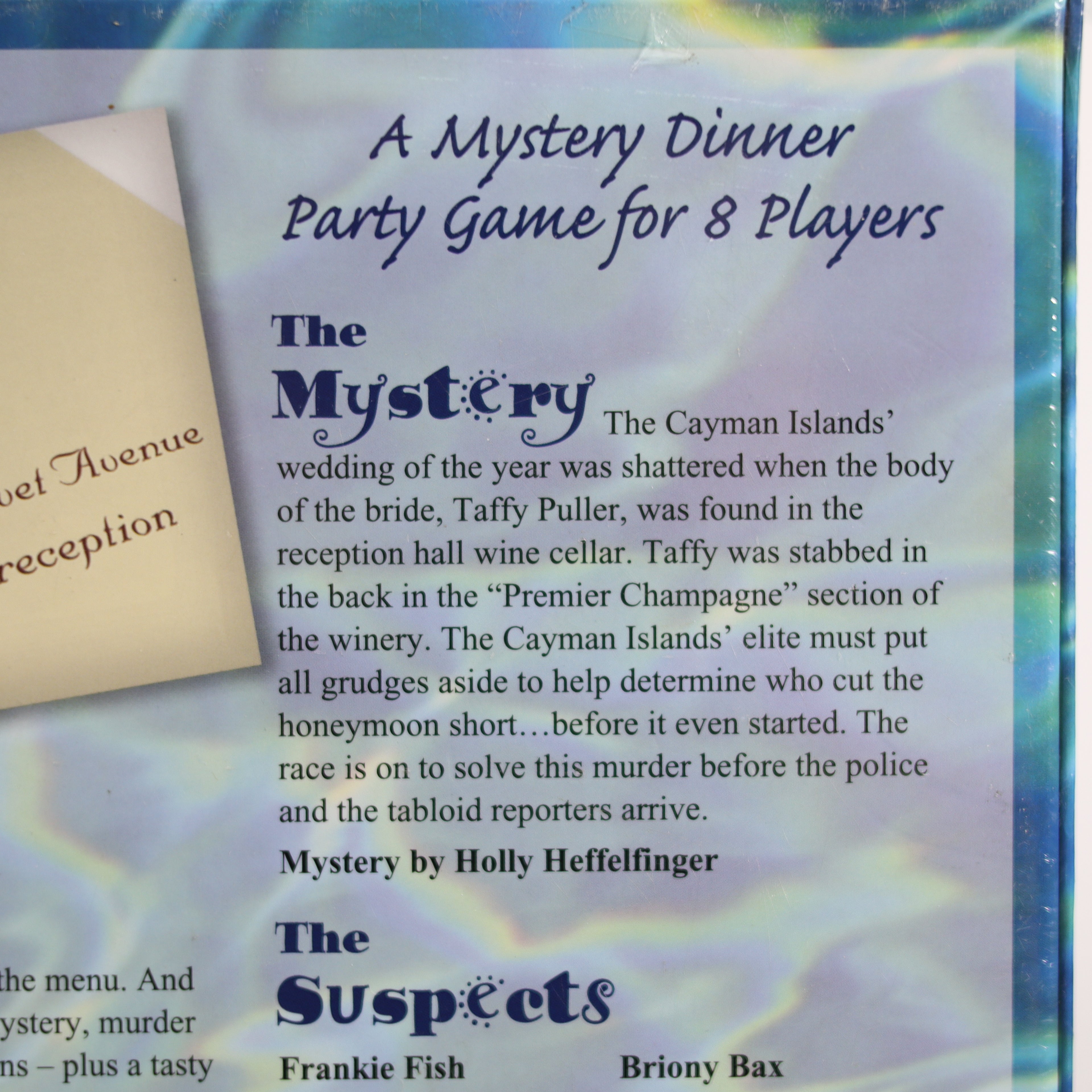 Mystery dinner party game description card with text and envelope on a colorful background