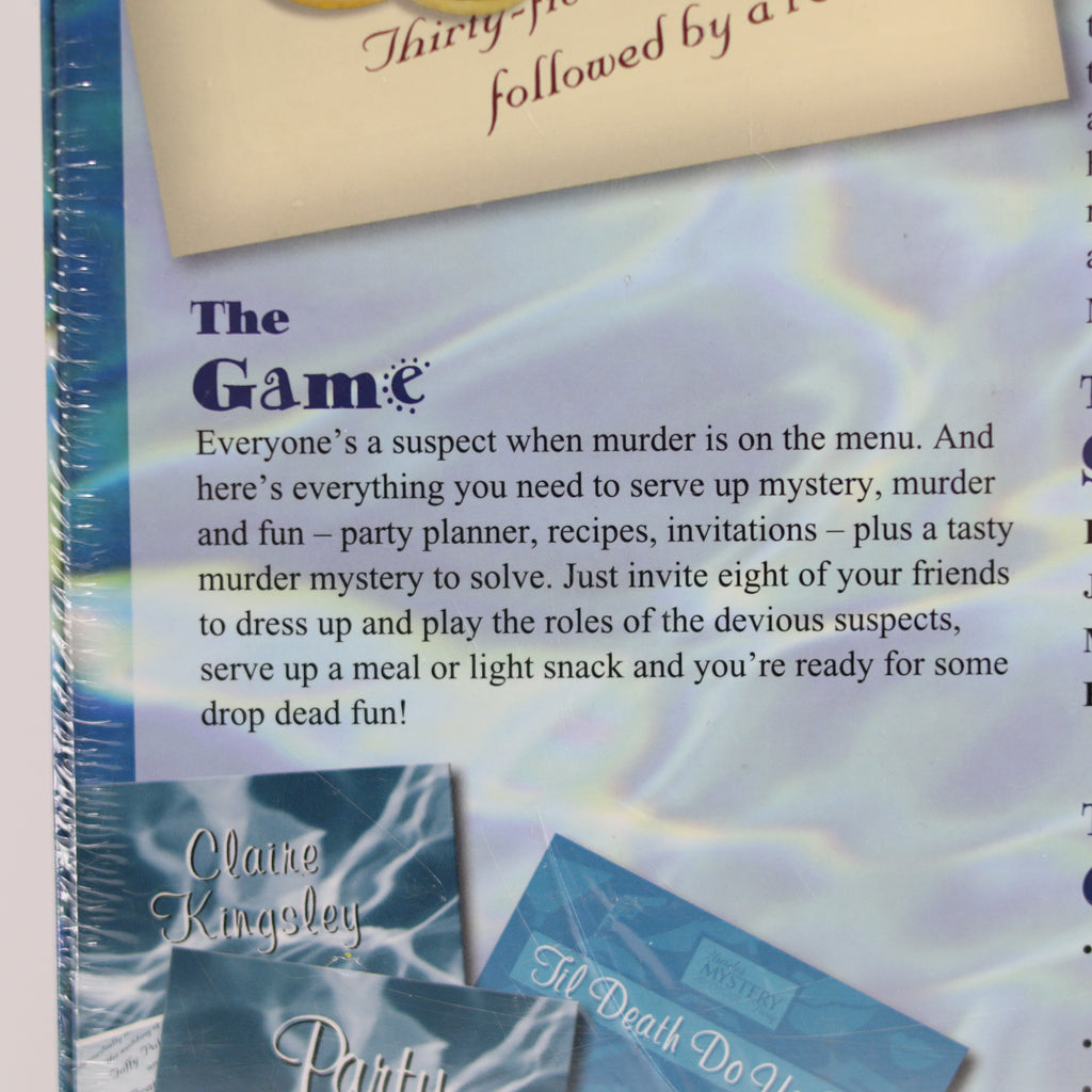 Book cover with text about a murder mystery party game by Claire Kingsley