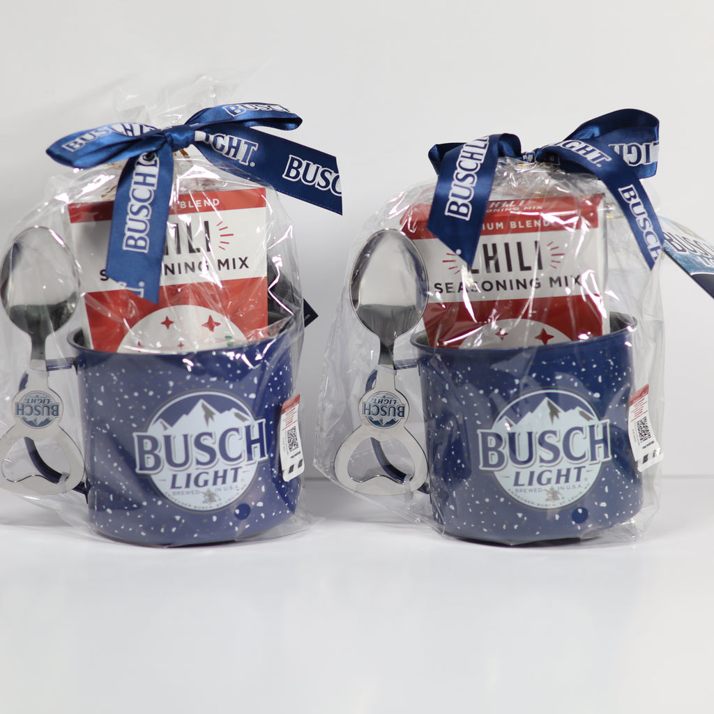 Two packages of Busch Light with spoons and seasoning mix on a white background