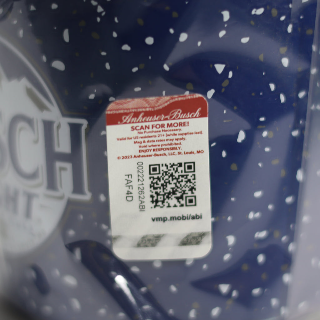 Close-up of a Budweiser bottle cap with a QR code label.