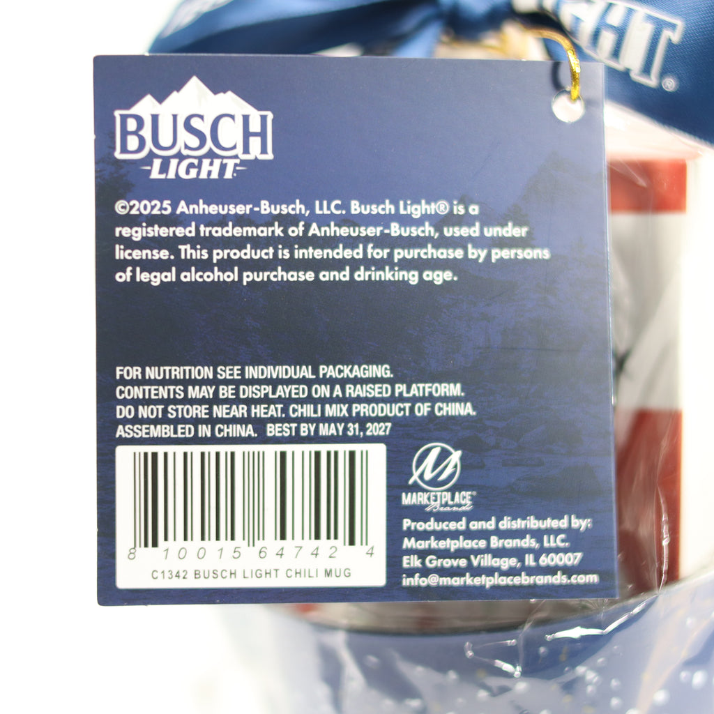 Back of a Busch Light chili mug with branding and product information.