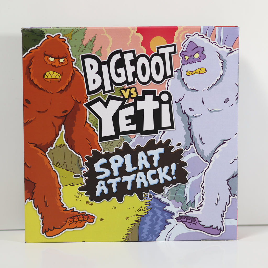 Board game box featuring Bigfoot and Yeti with 'Splat Attack!' text on a white background