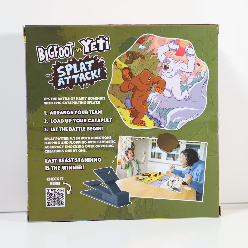 Box back featuring 'Bigfoot vs Yeti Splat Attack' game with cartoon characters and instructions.