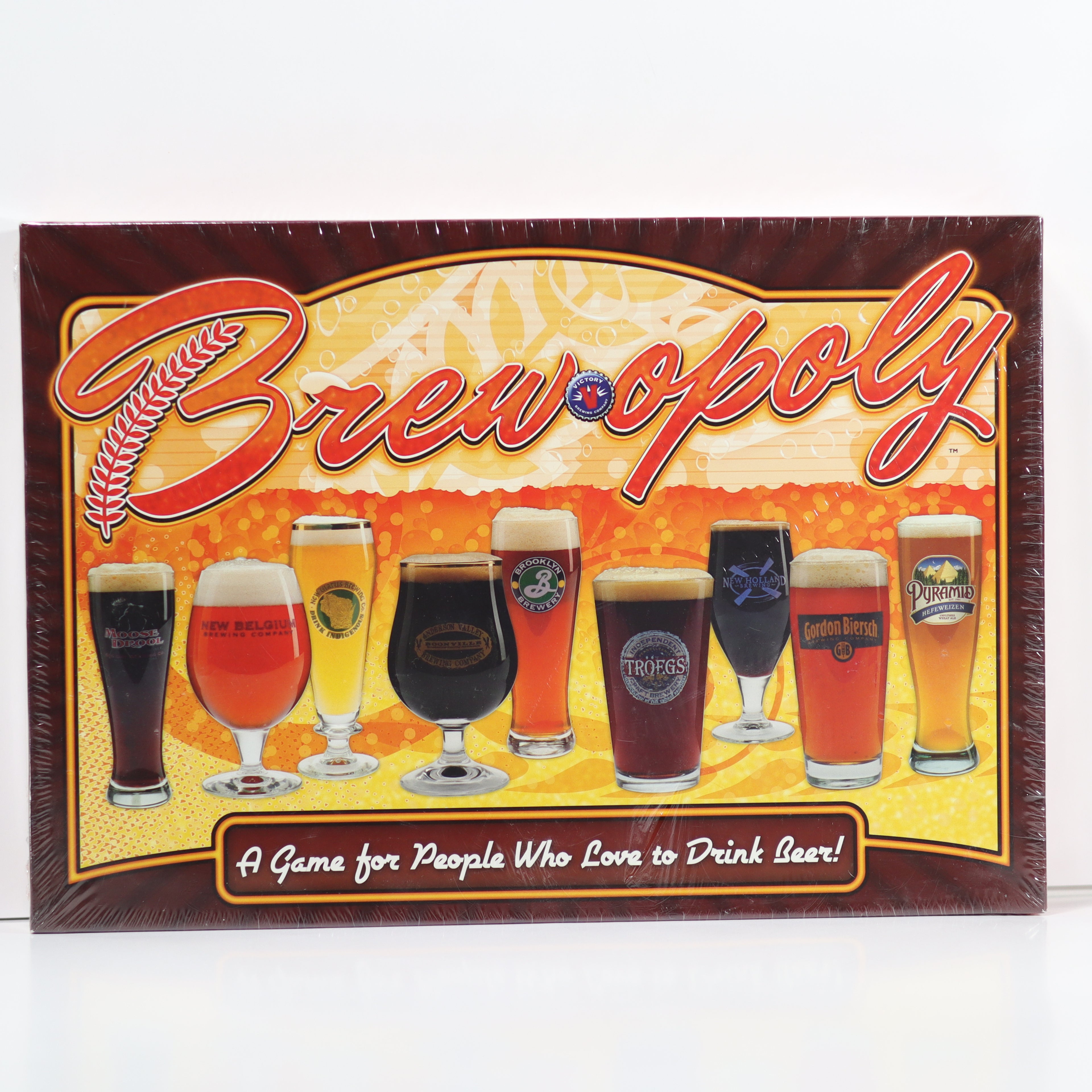 Brew-opoly board game box with beer-themed design on a white background