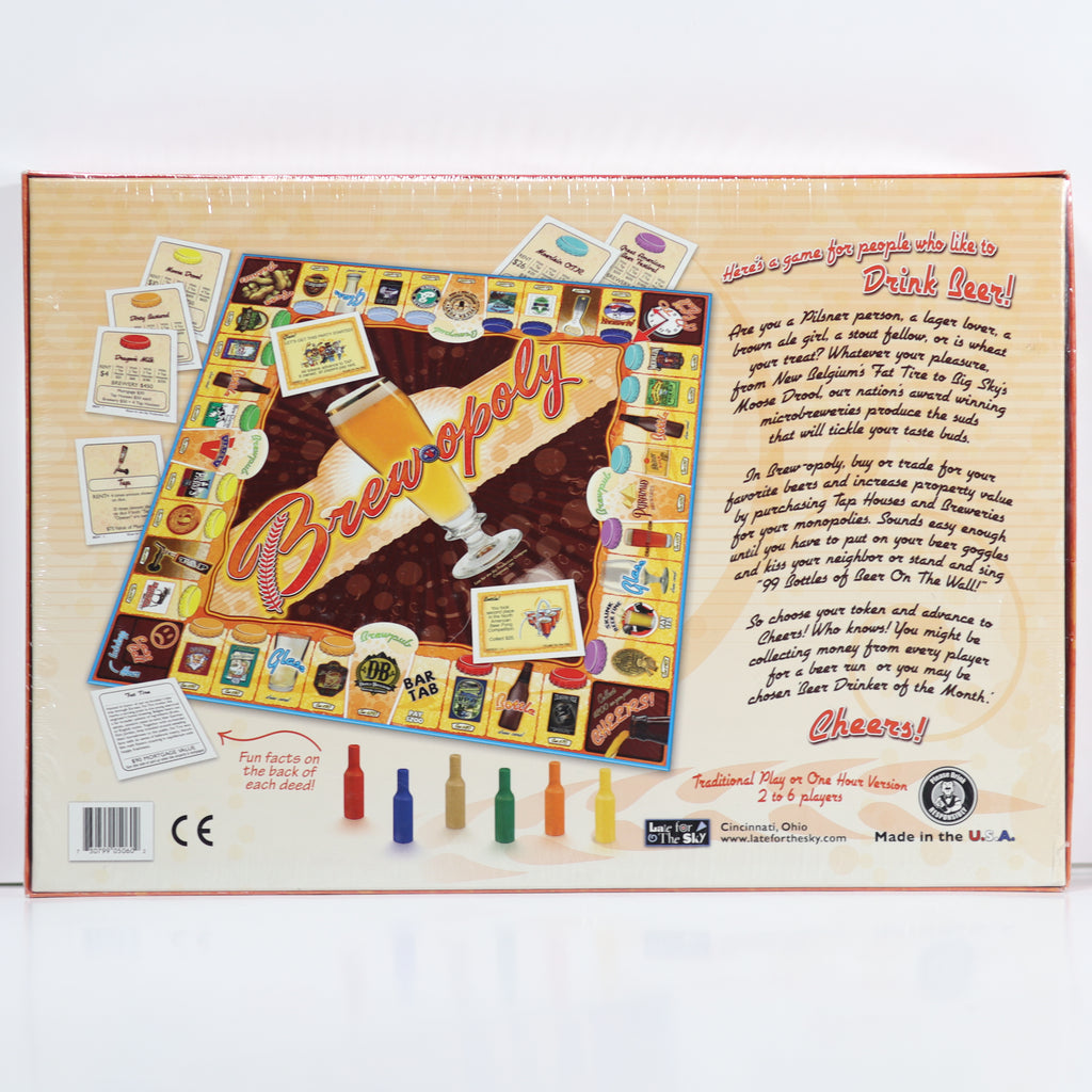Board game box for 'Brewopoly' with colorful design and text.