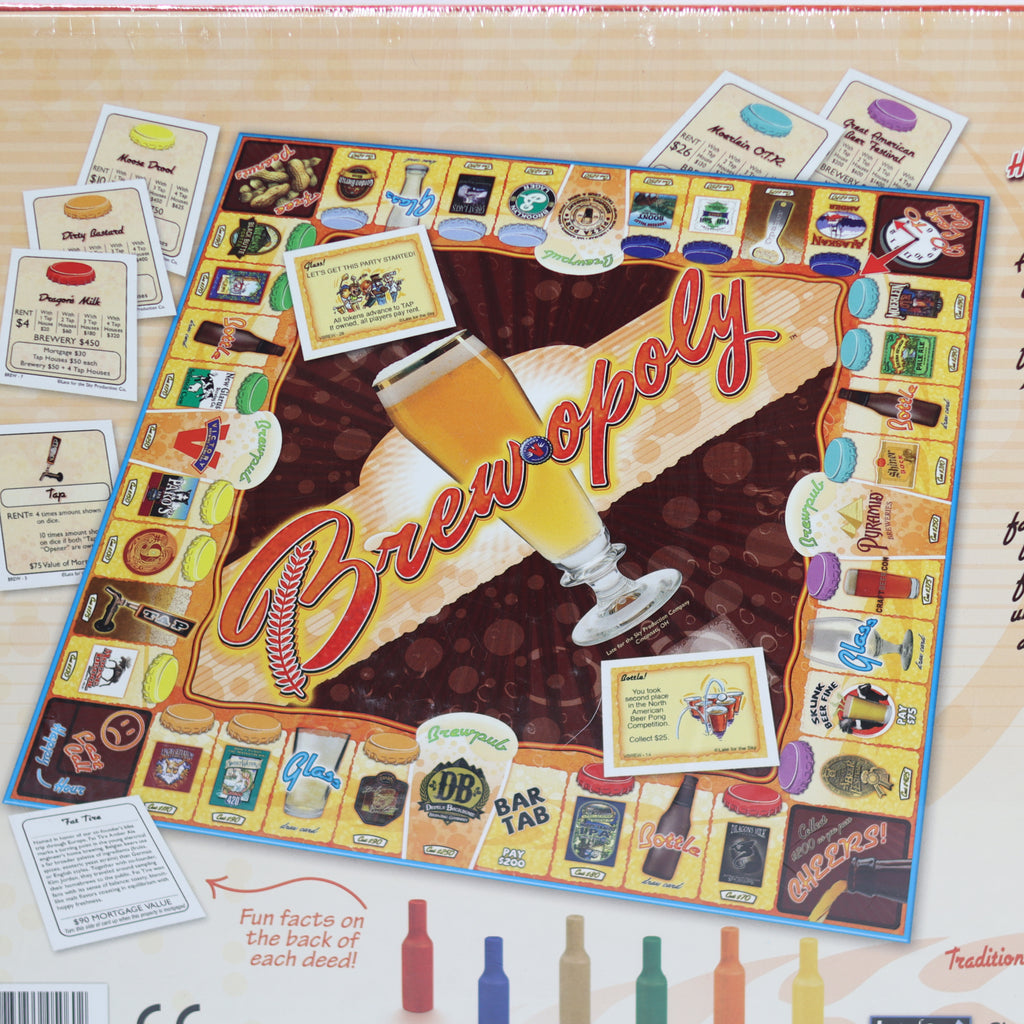 Board game titled 'Brewopoly' with beer-themed design on a wooden surface.