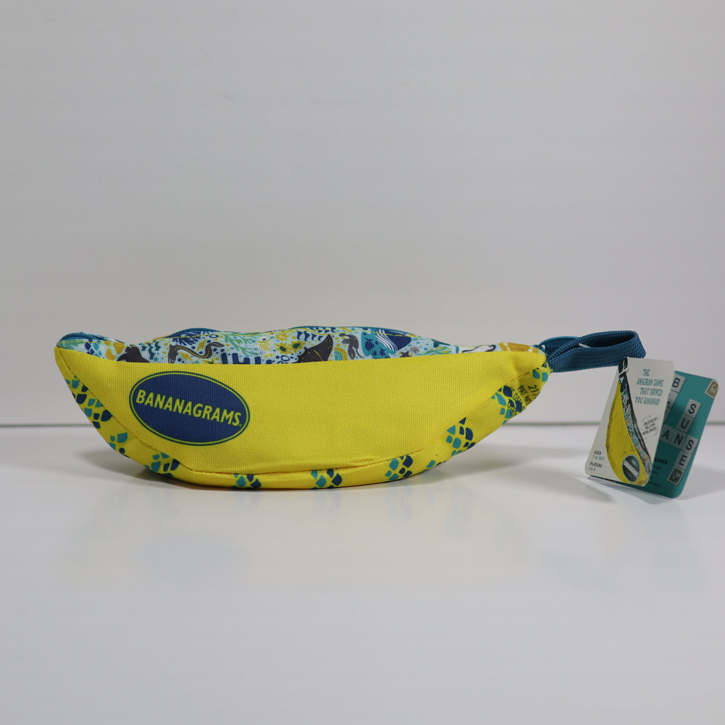 Yellow fanny pack with blue accents and 'Bananagrams' branding on a white background