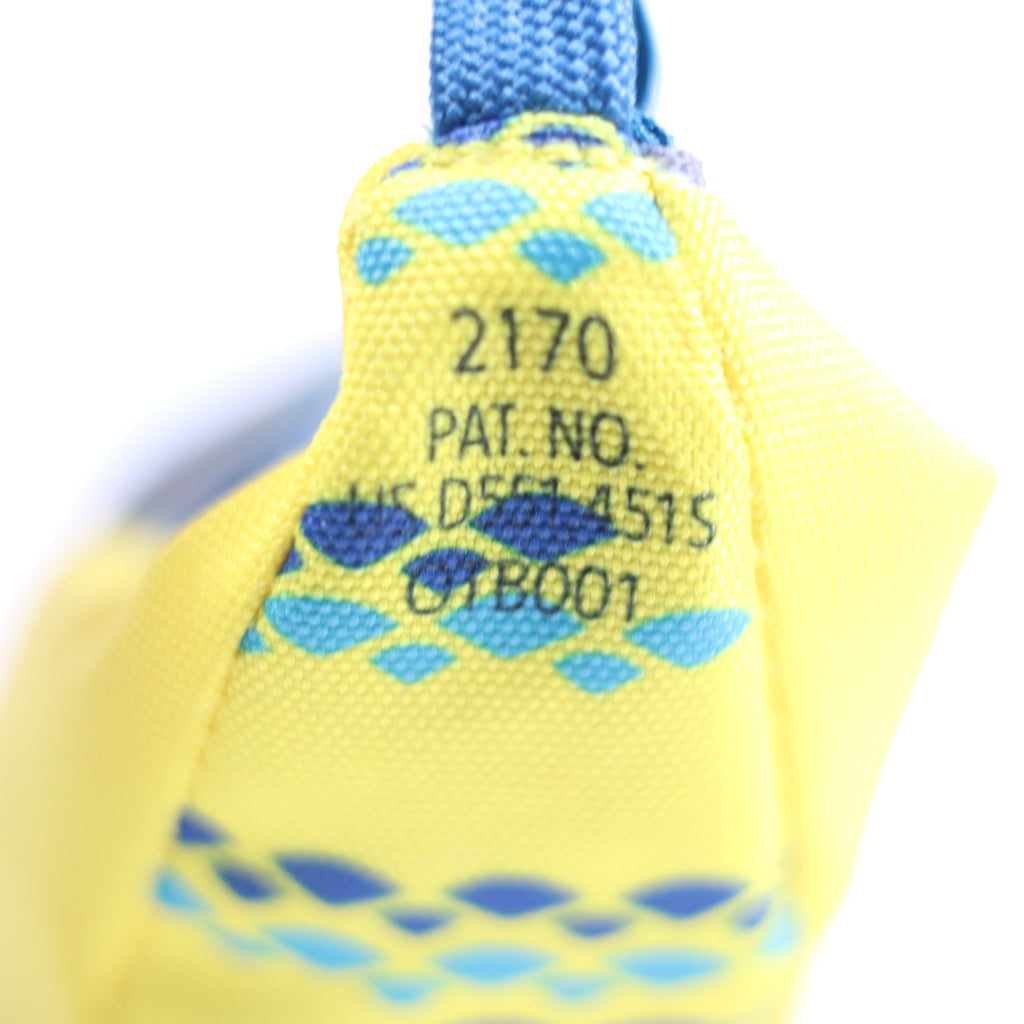 Yellow glove with blue patterns and text on a white background