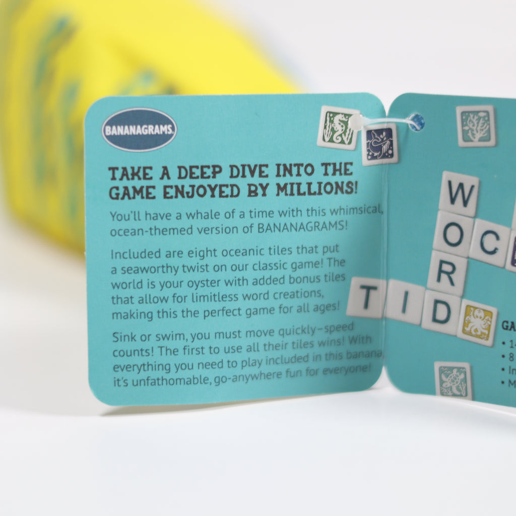 Bananagrams game packaging with text and branding