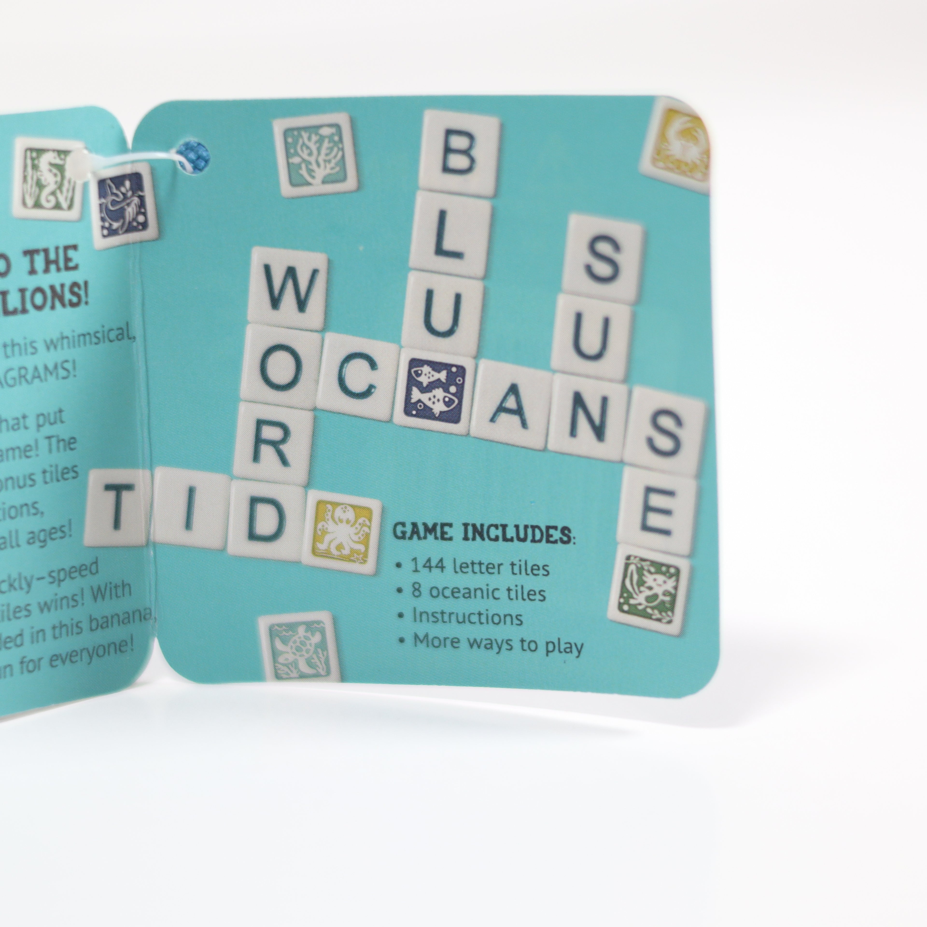 Card game packaging with letter tiles spelling 'Bluans' on a light blue background