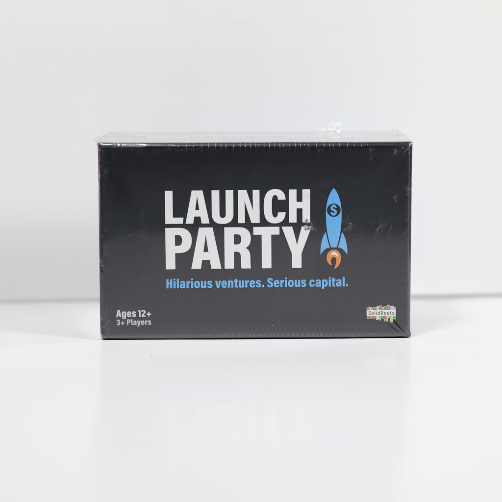 Box of 'Launch Party' game with rocket graphic on a white background