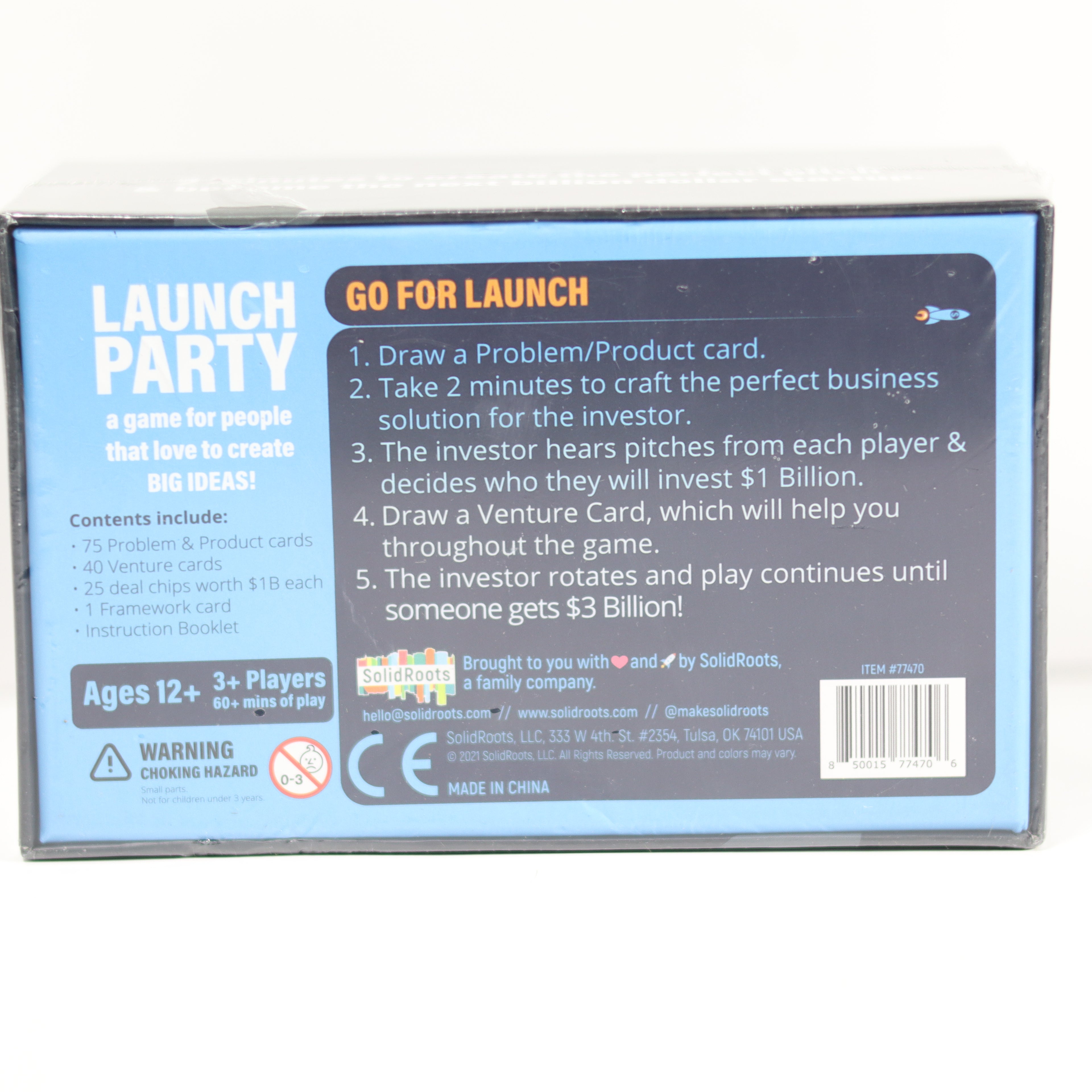 Back of a board game box titled 'Launch Party' with instructions and branding details.