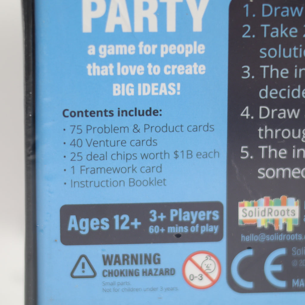 Game packaging for 'Party' game by Solid Roots with text and branding.
