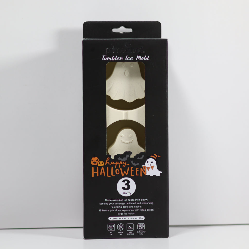 Halloween-themed ice mold packaging with ghost design on a white background