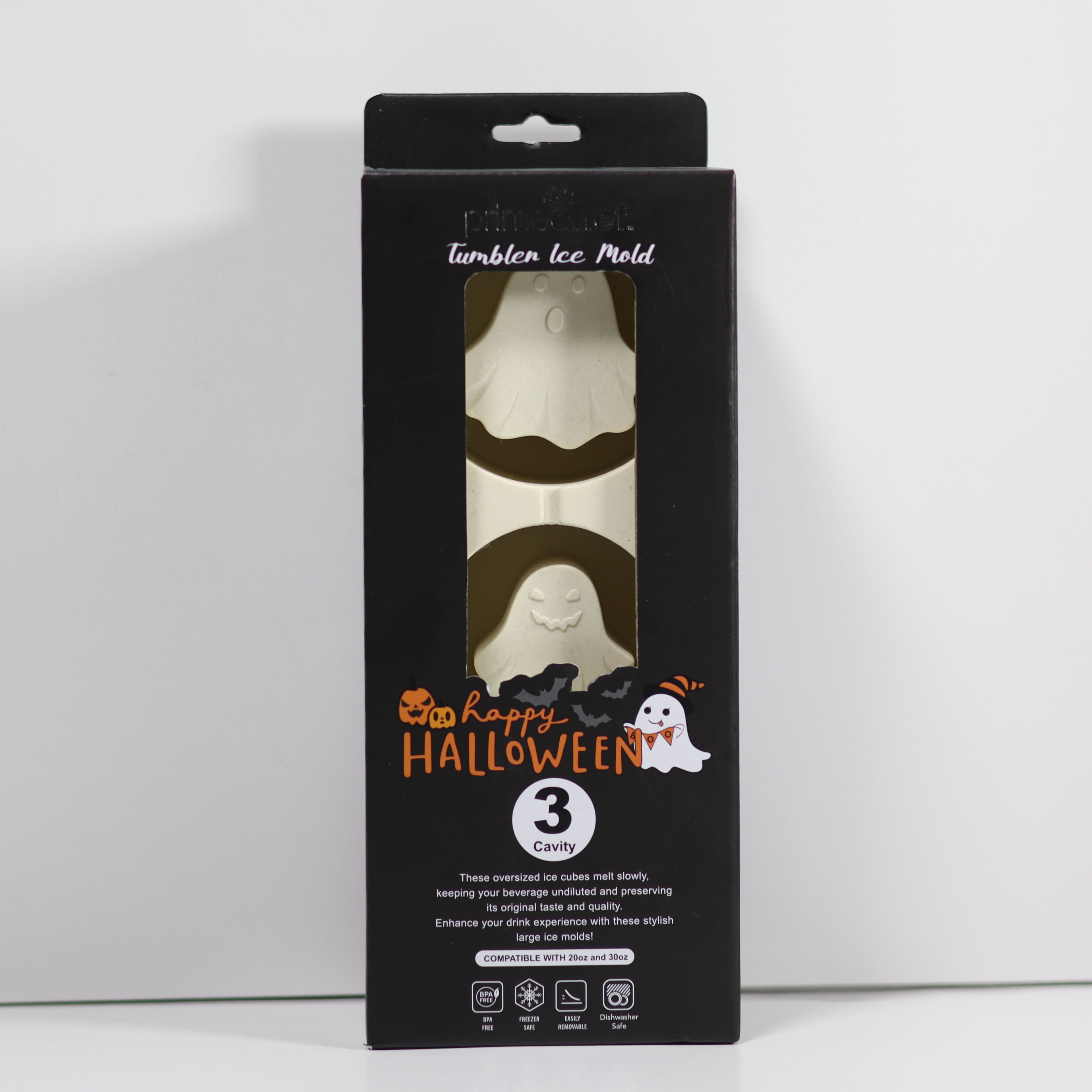 Halloween-themed ice mold packaging with ghost design on a white background