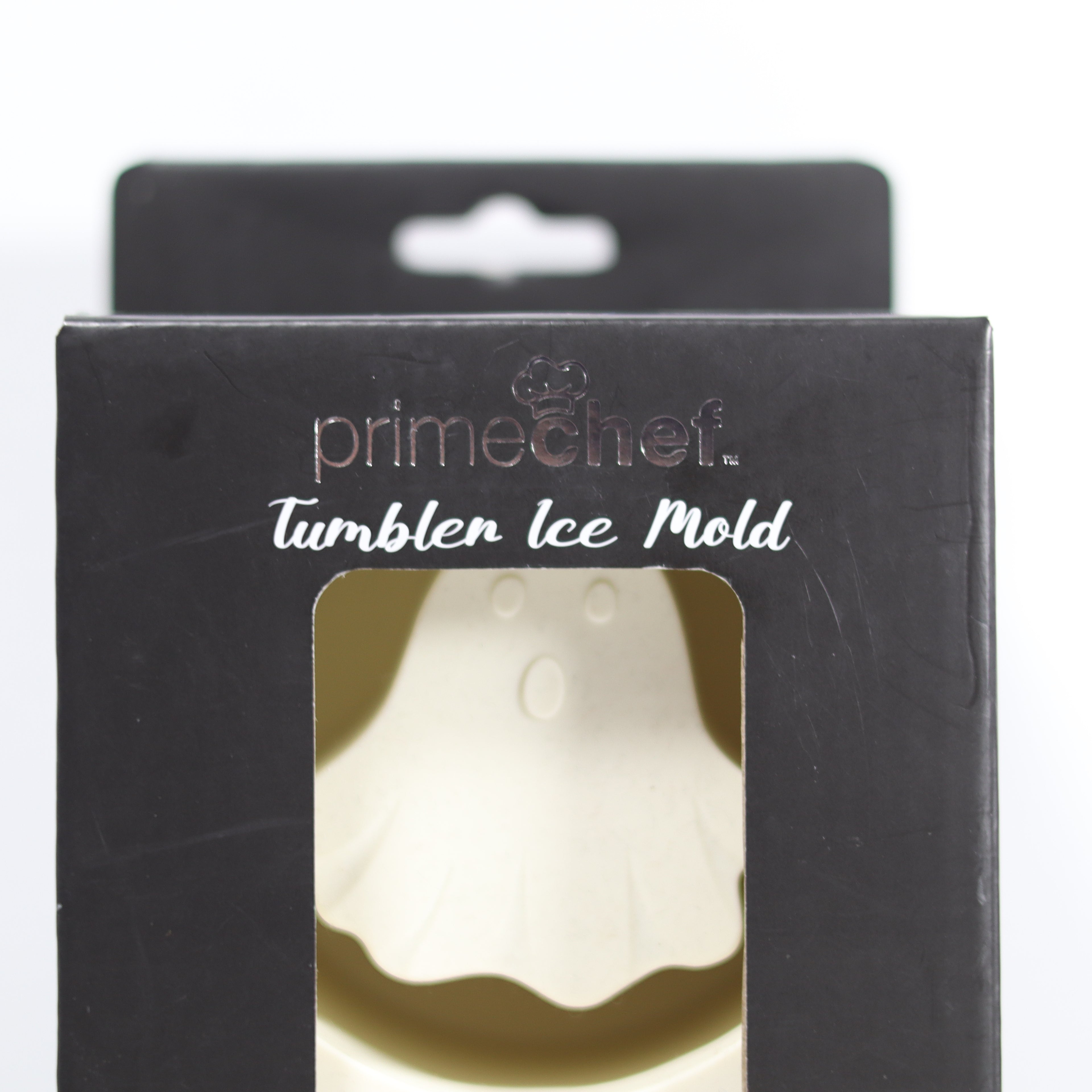 Black packaging of a tumbler ice mold with 'primechef' branding on a white background.