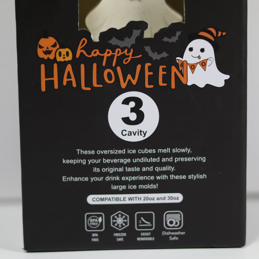 Halloween-themed ice cube tray packaging with text and graphics.
