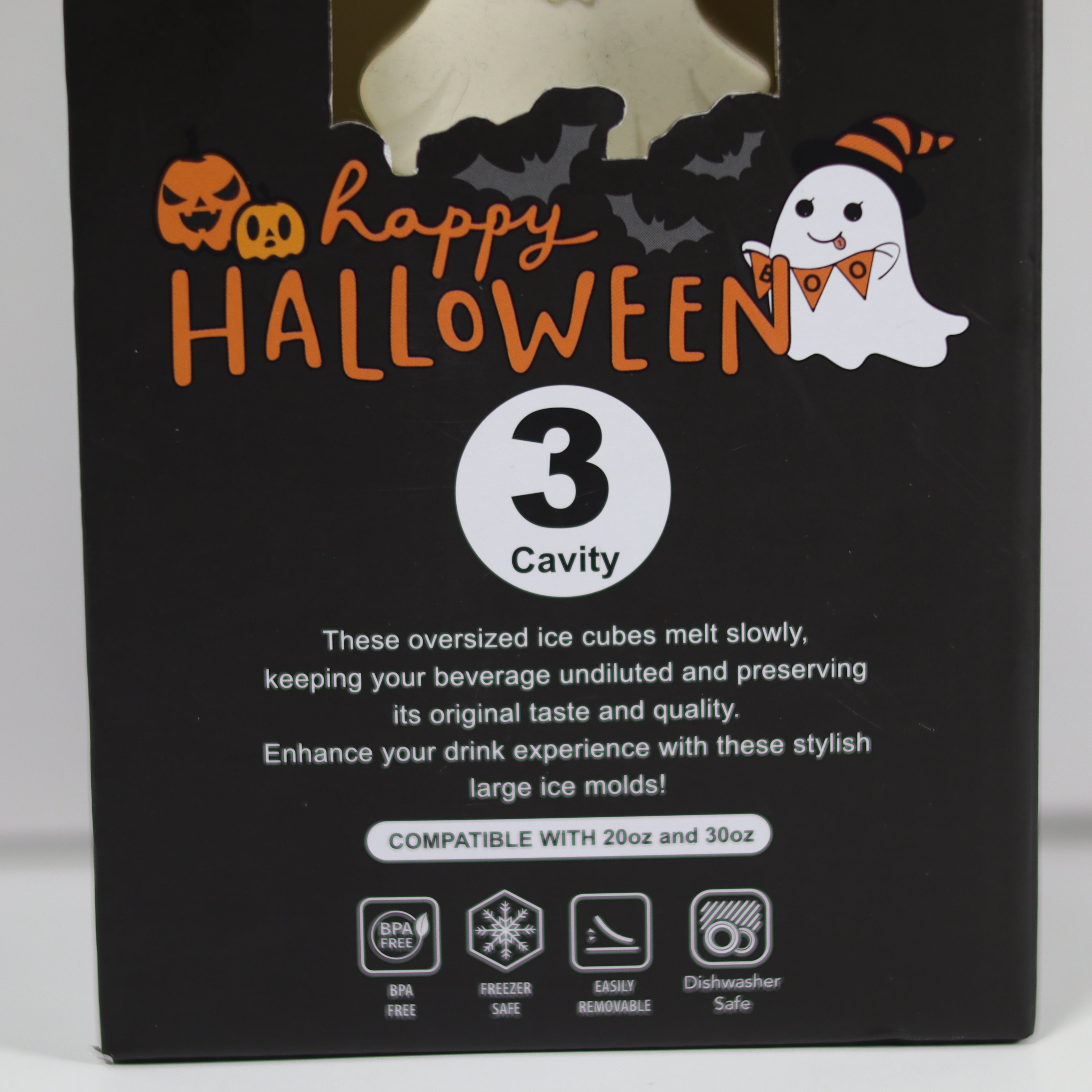 Halloween-themed ice cube tray packaging with text and graphics.