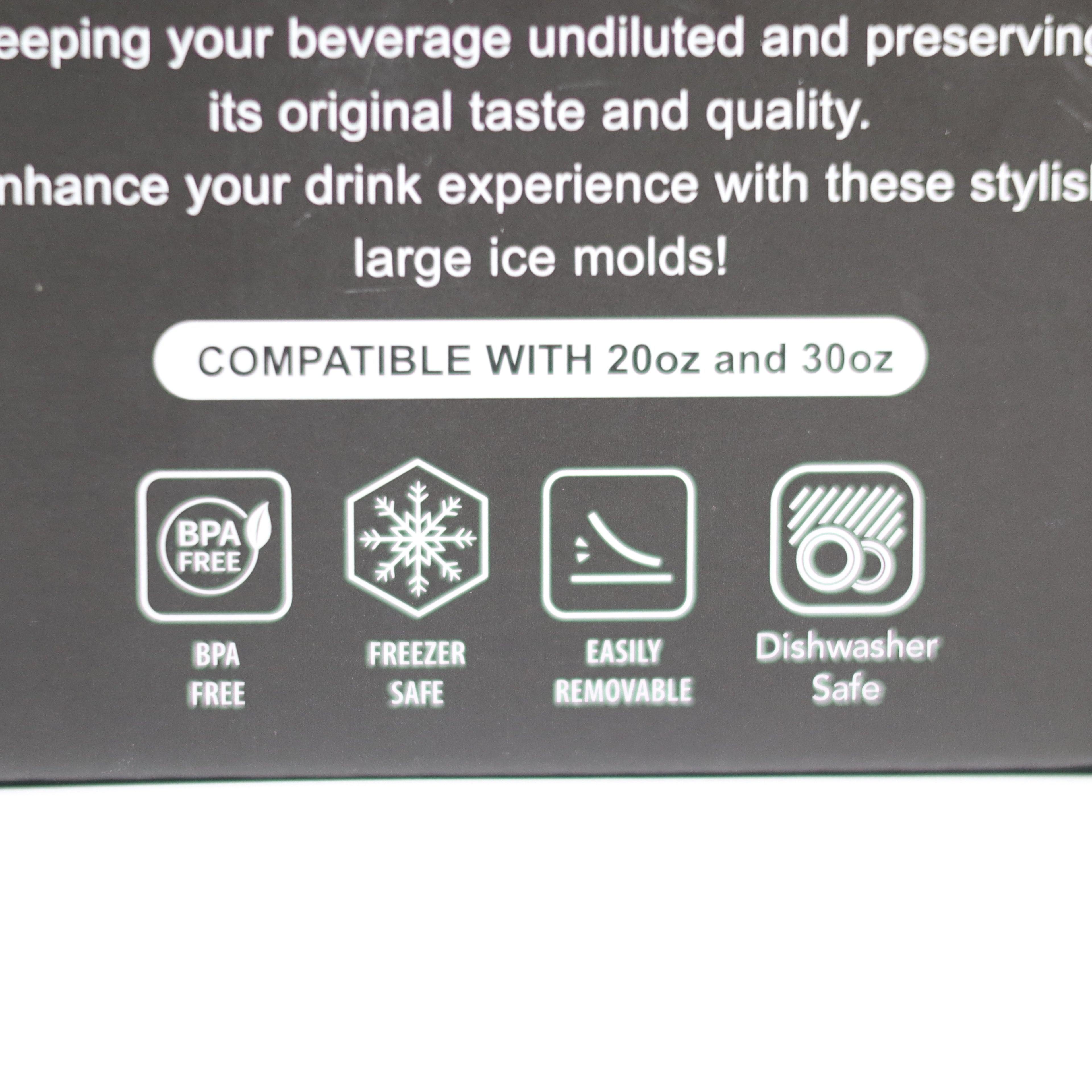 Product label with ice mold features on a black background