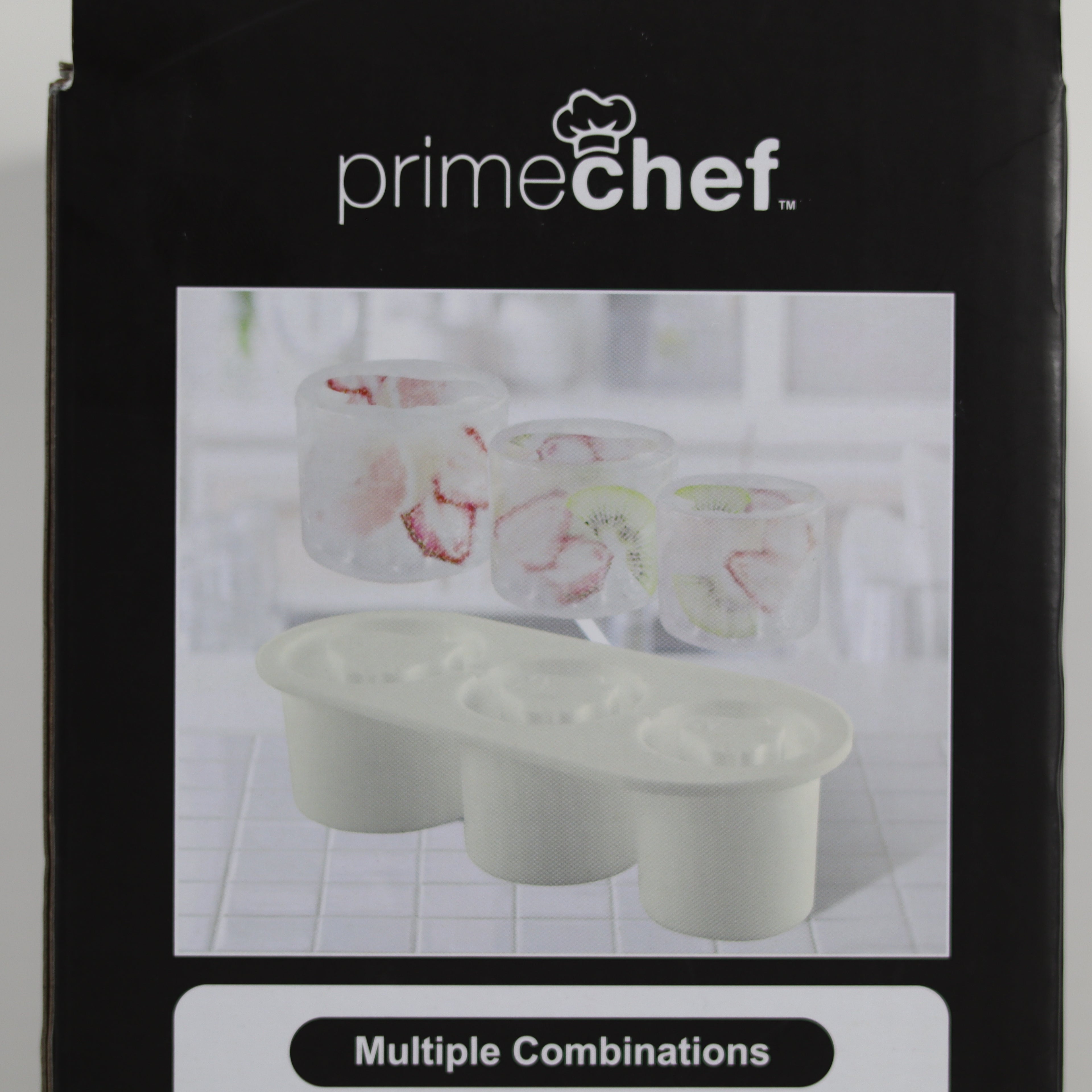 Ice cube tray with clear silicone mold on a Prime Chef branded box.