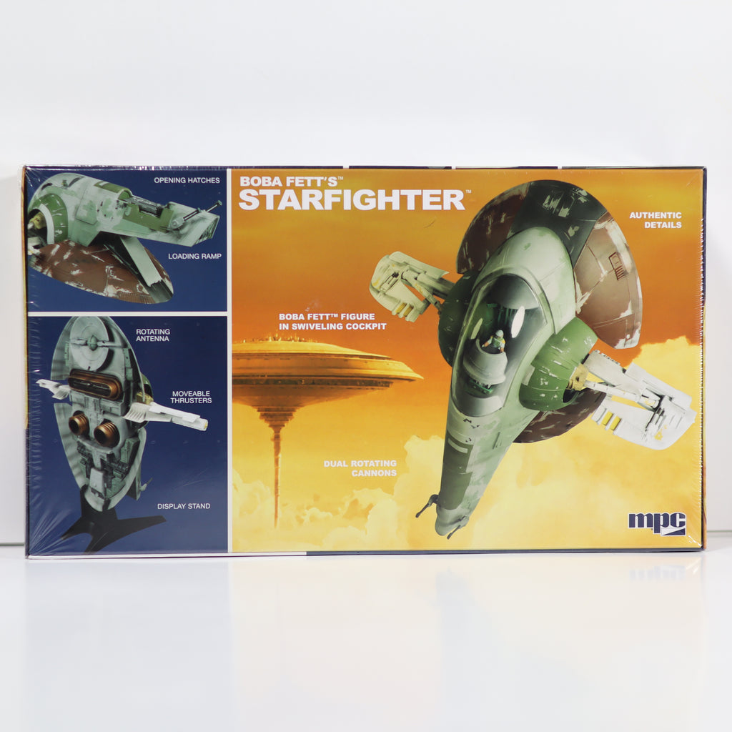 Model kit box for Boba Fett's Starfighter with colorful design on a white background