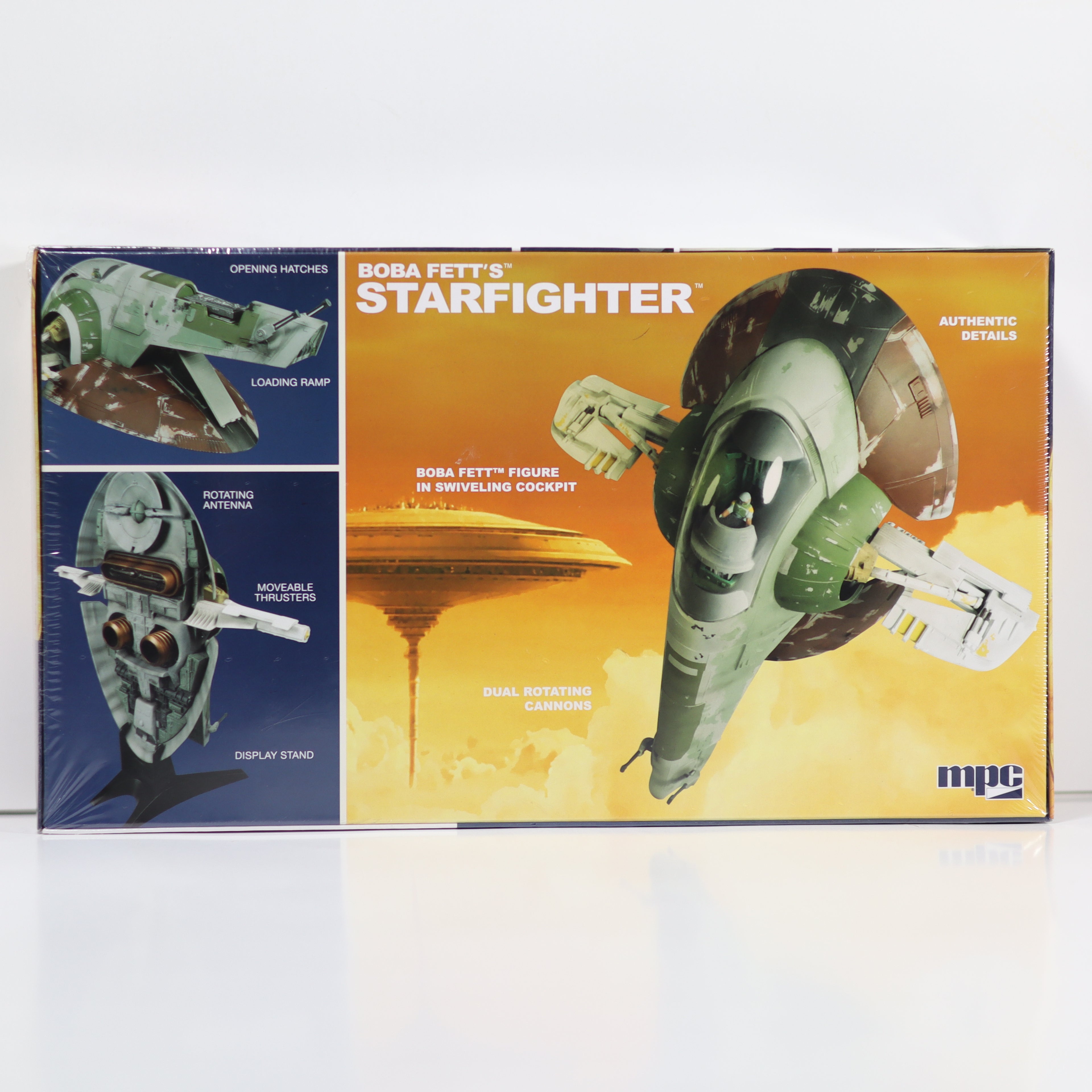 Model kit box for Boba Fett's Starfighter with colorful design on a white background