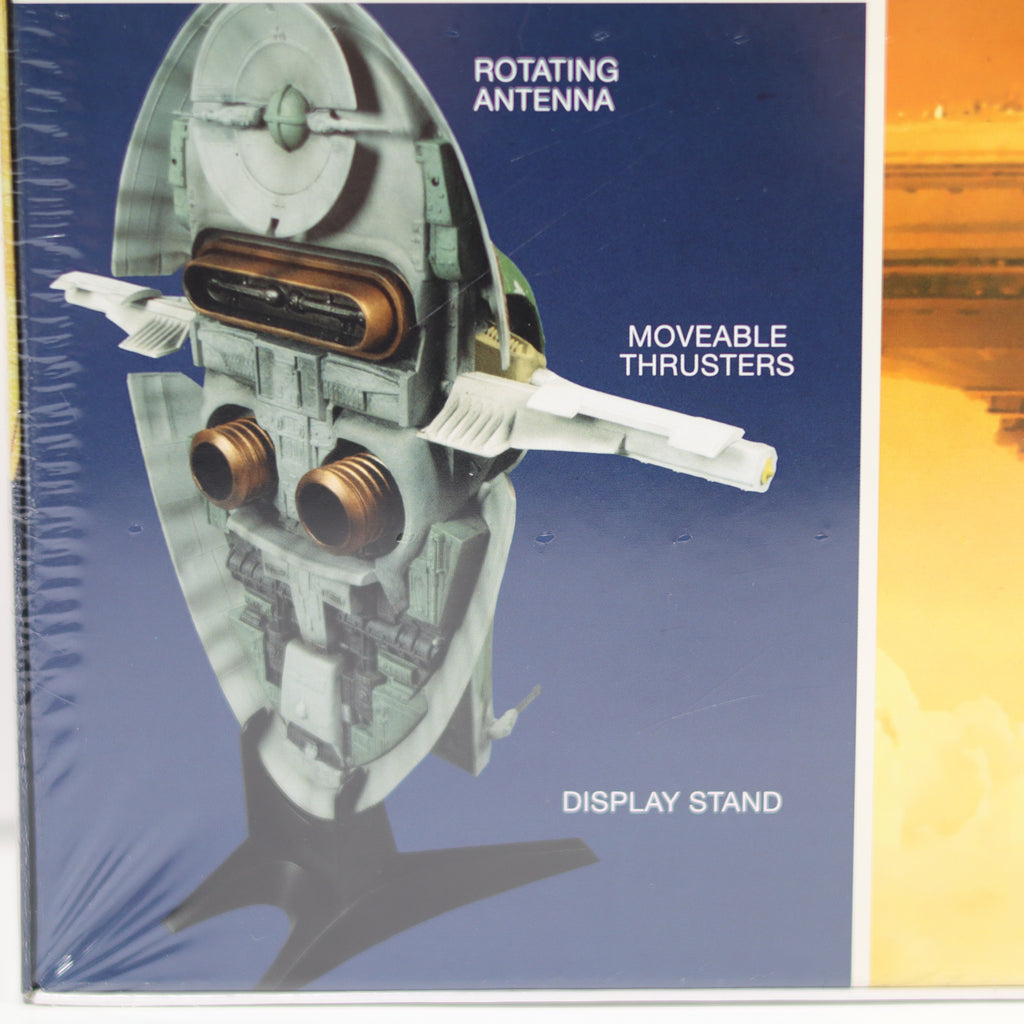 Model of a spaceship with features highlighted on a blue background