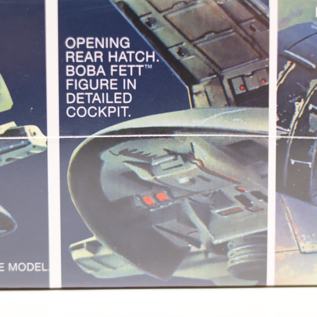 Product packaging for a model kit with text about Boba Fett figure and opening hatch.