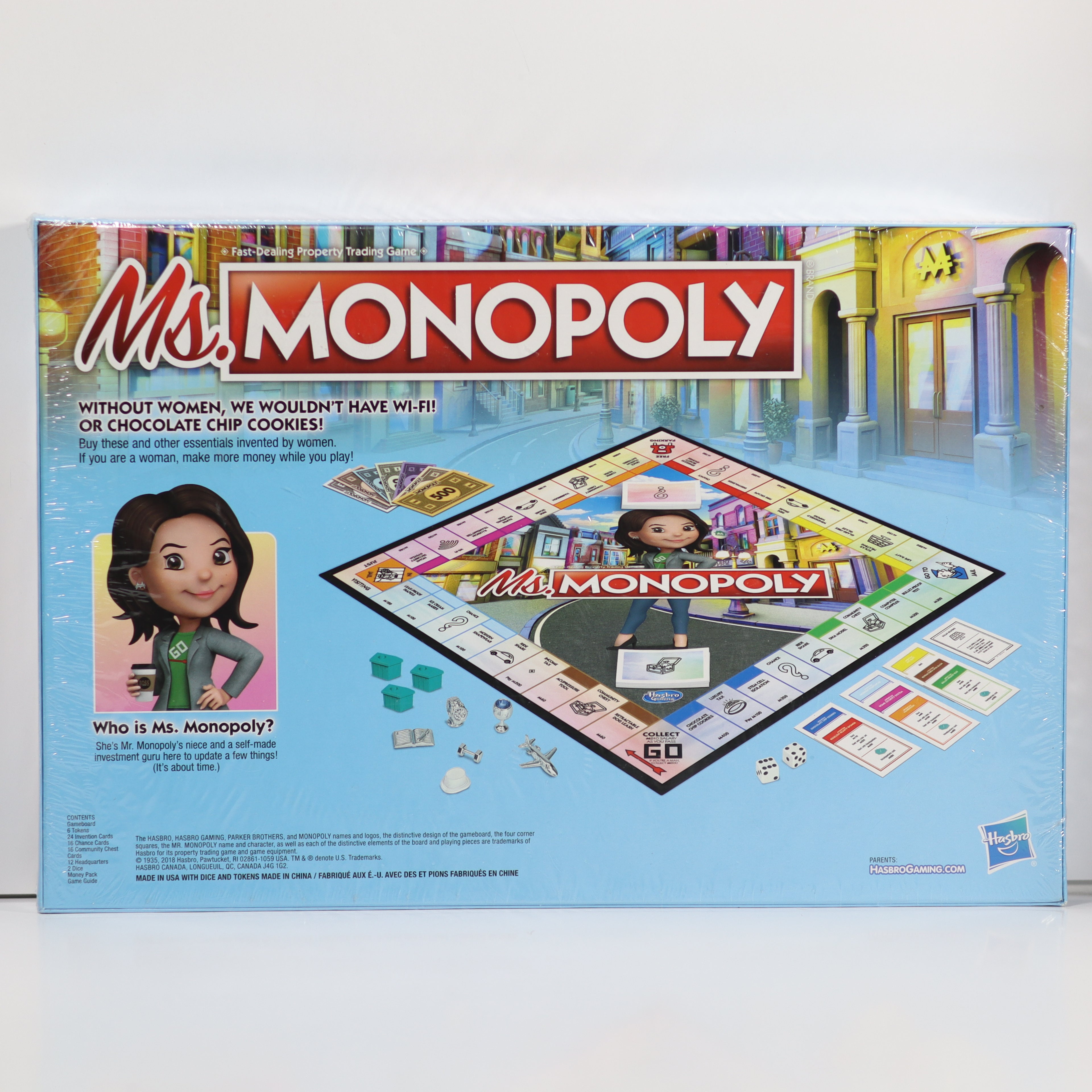 Box of Ms. Monopoly board game with colorful design and text.