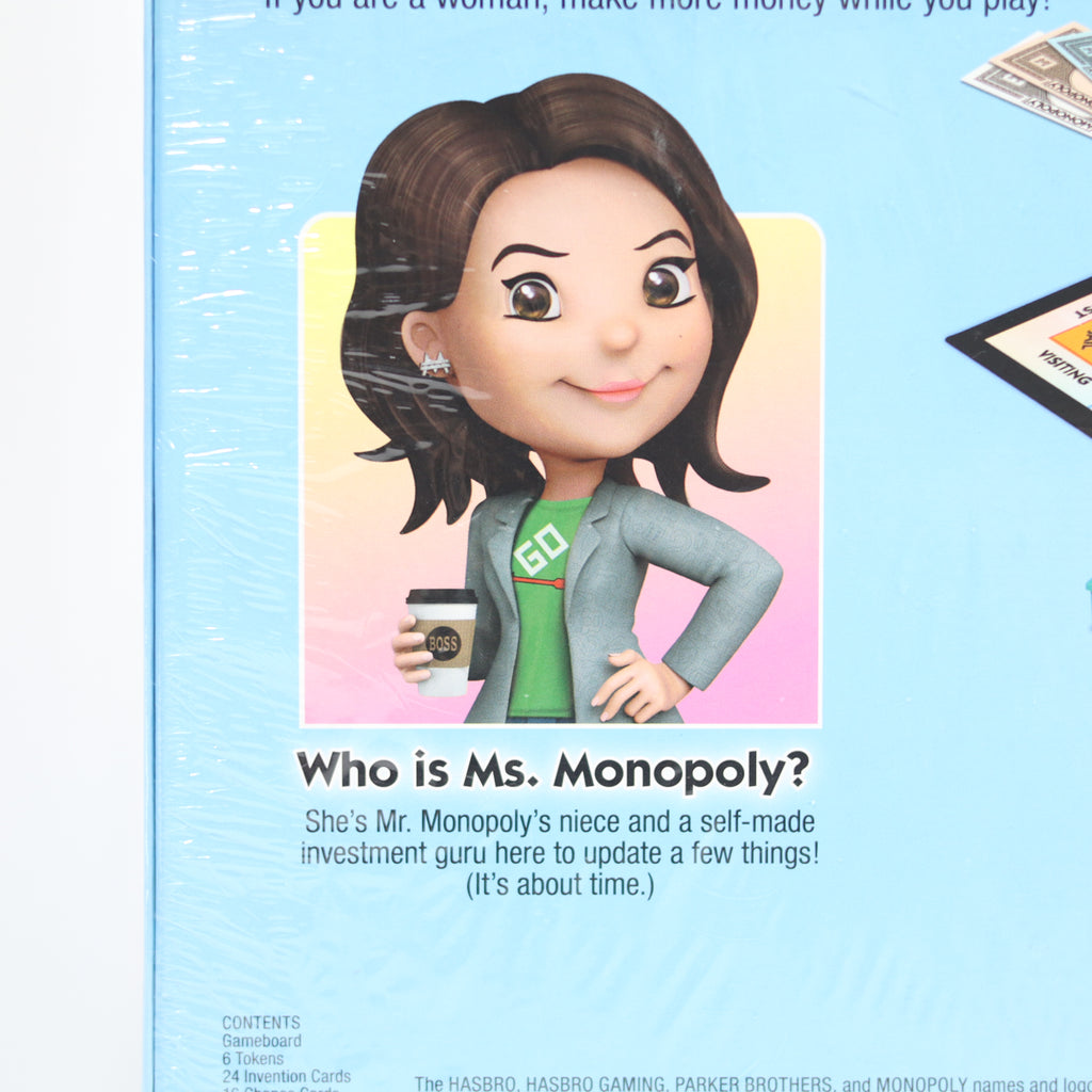 Card featuring a cartoon character labeled 'Ms. Monopoly' with text about her role in the game.
