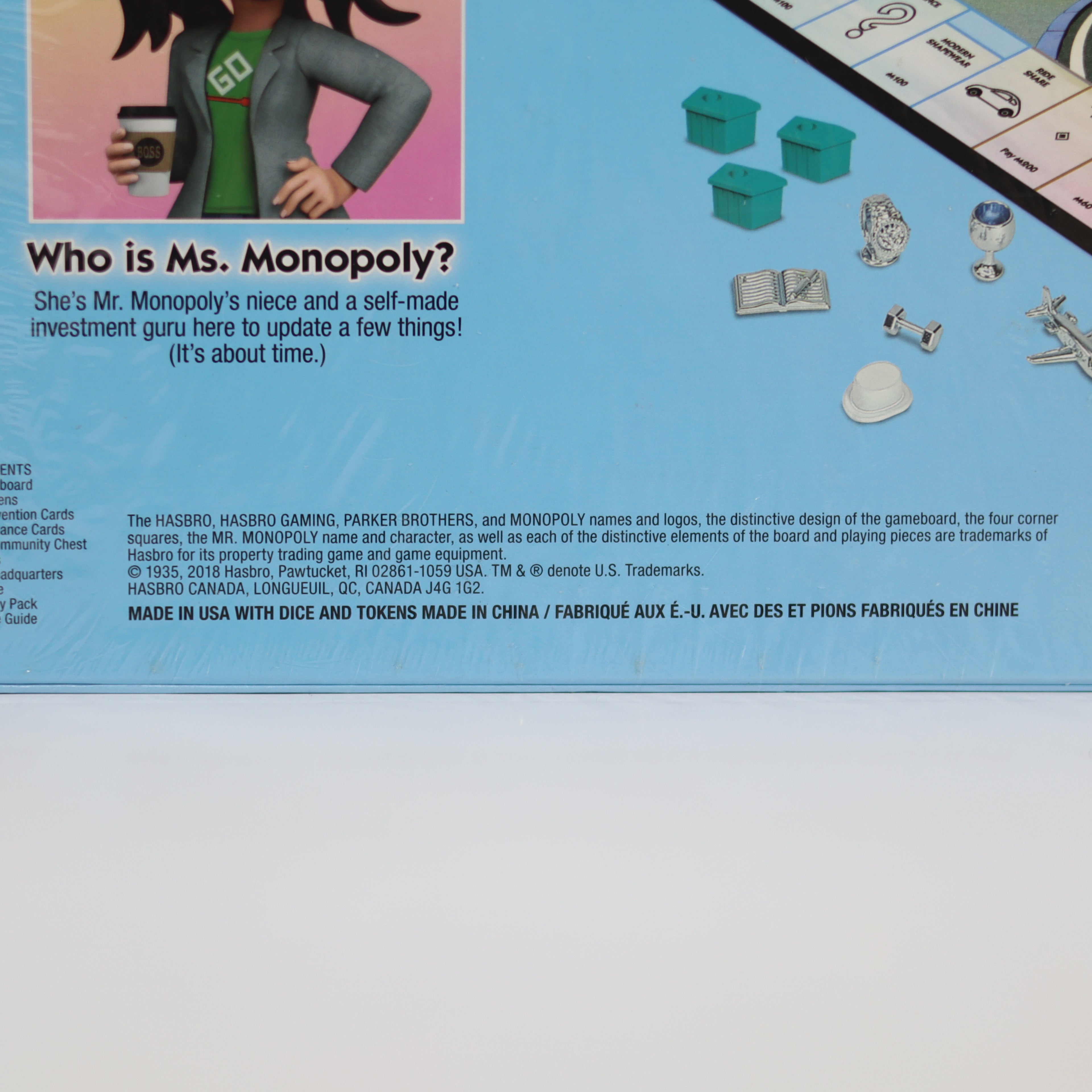 Monopoly game board with character and property cards on a blue background