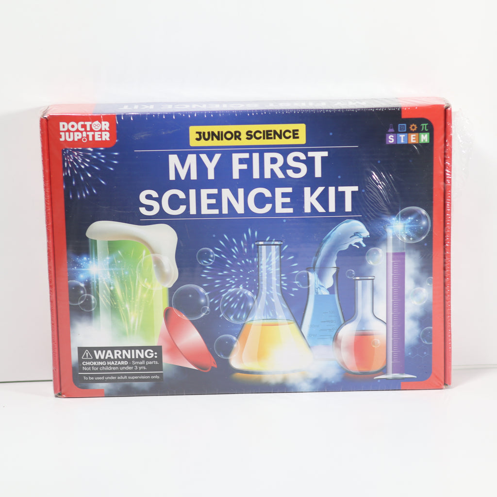 Box of 'My First Science Kit' with colorful lab equipment illustrations on a white background