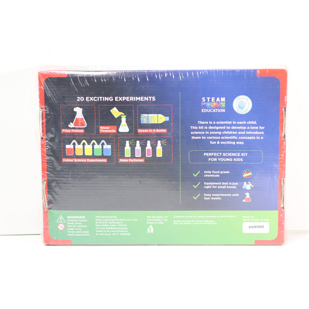 Science experiment kit packaging with colorful graphics and text on a white background