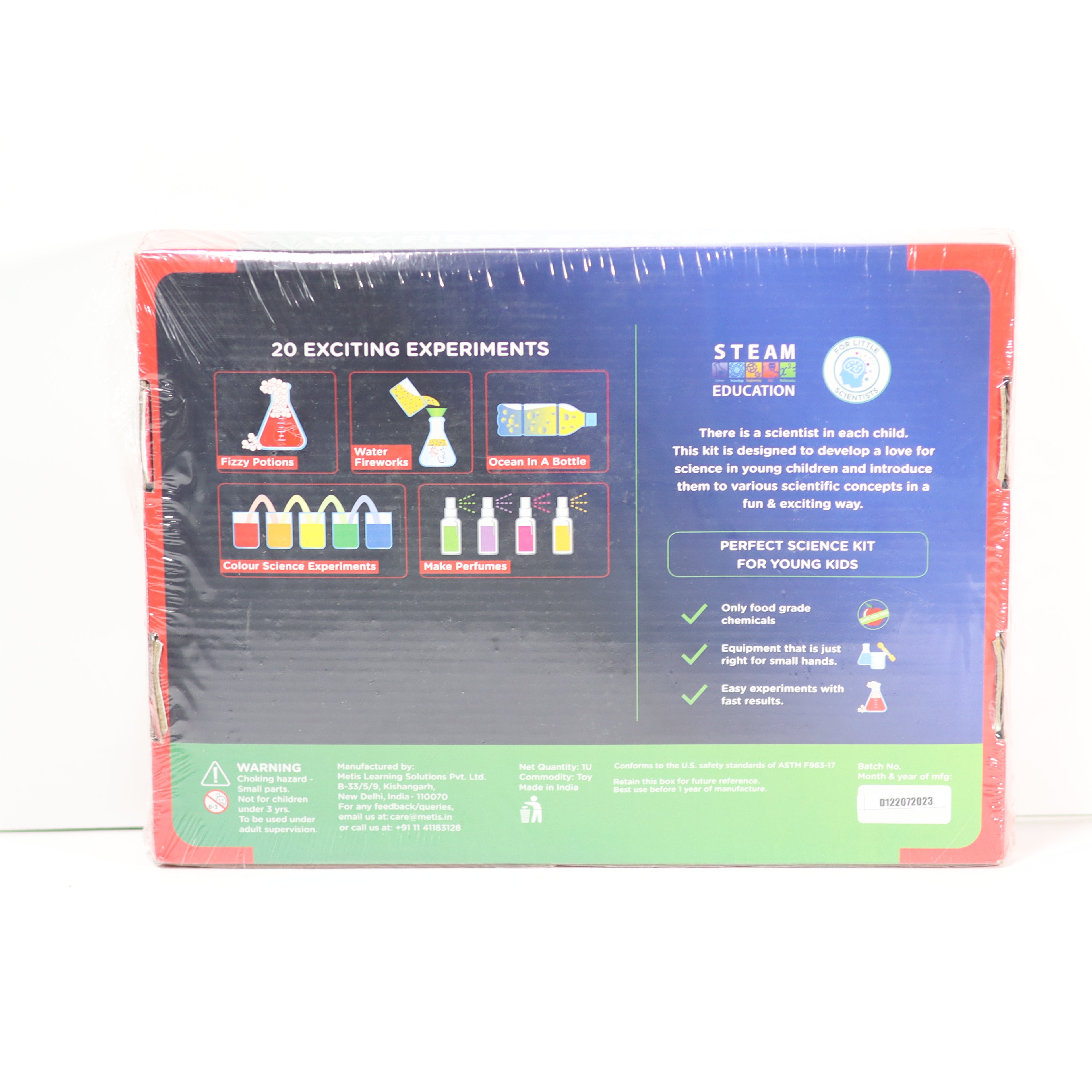 Science experiment kit packaging with colorful graphics and text on a white background