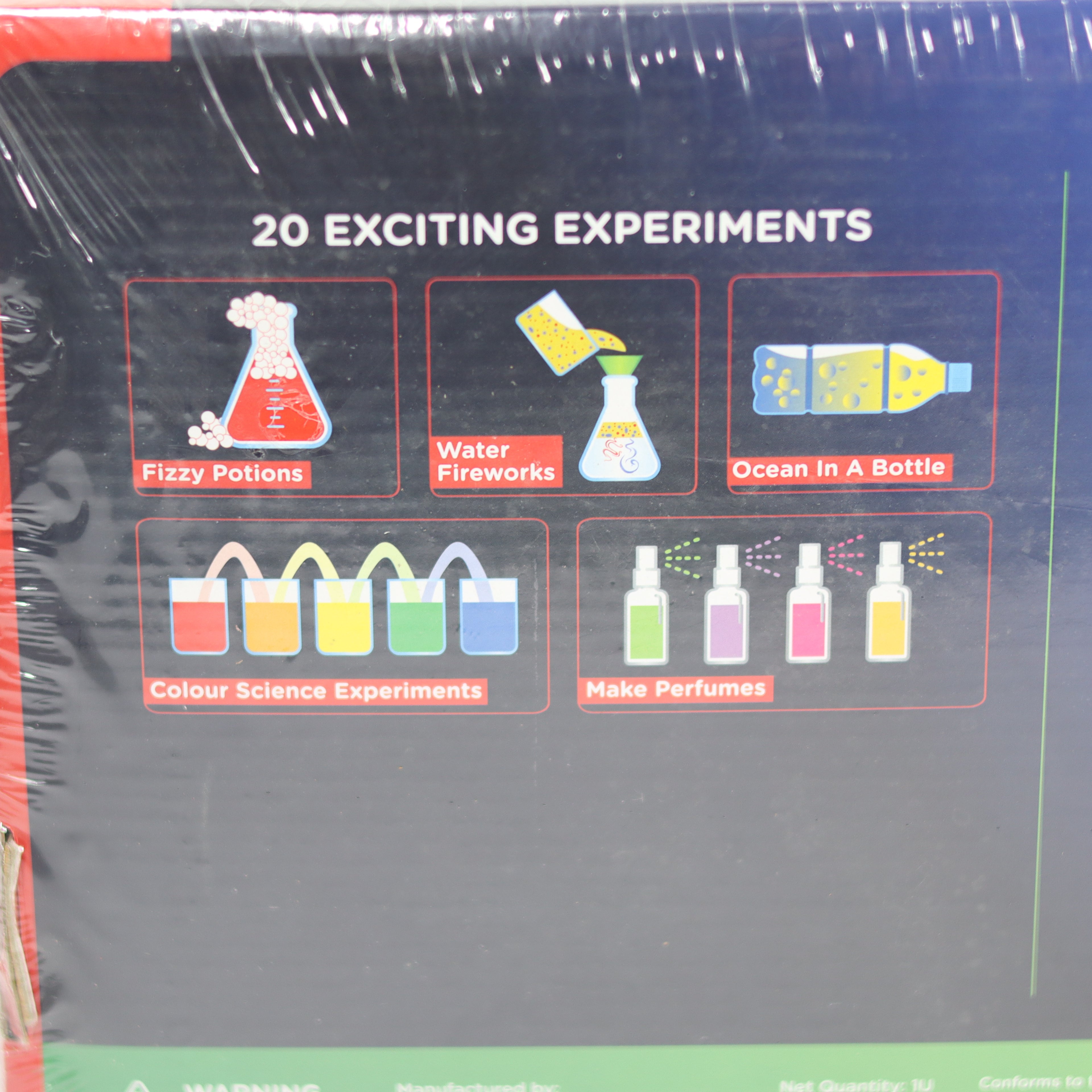 Packaging of a science experiment kit with colorful illustrations and text.