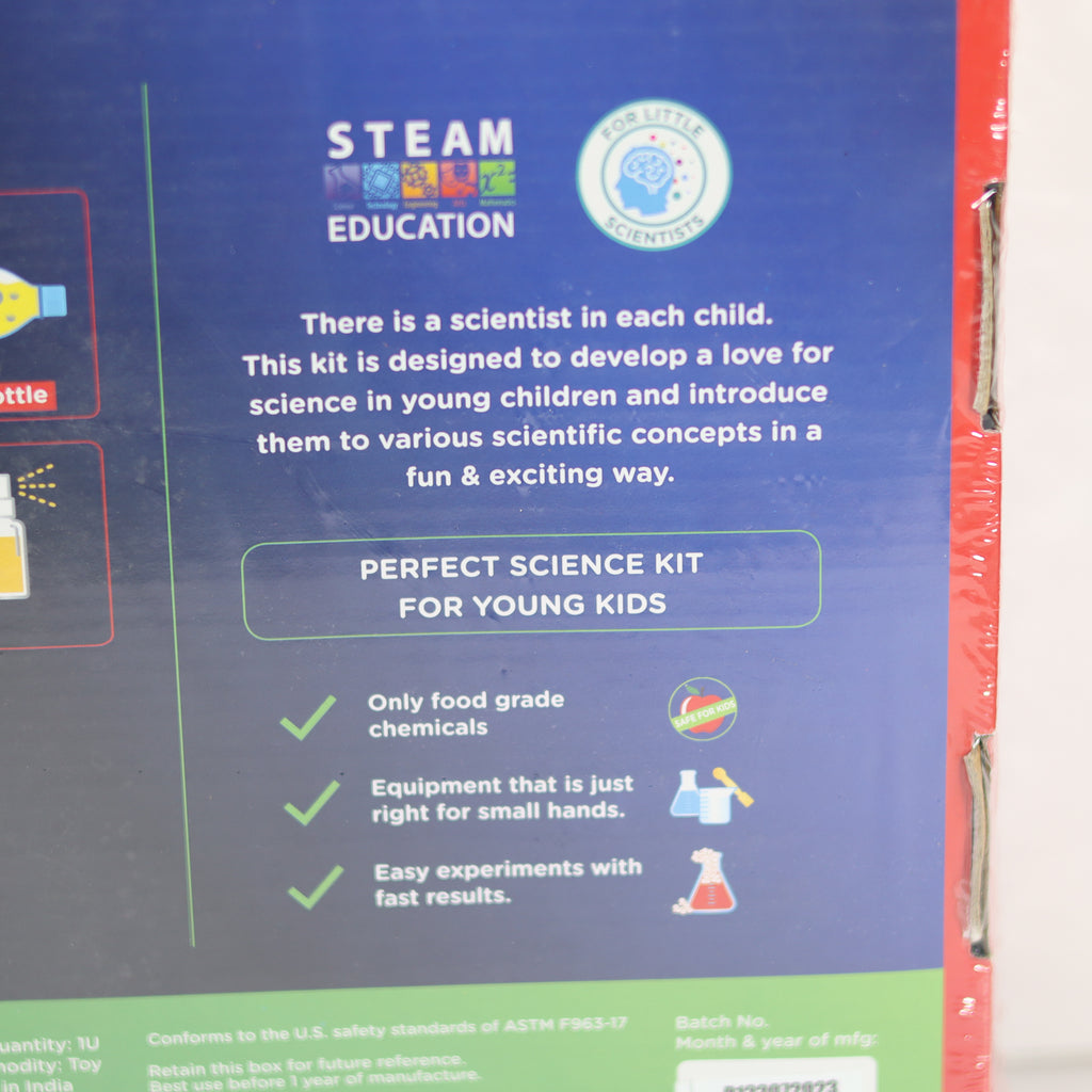 Science education kit packaging with text and logos on a blue background