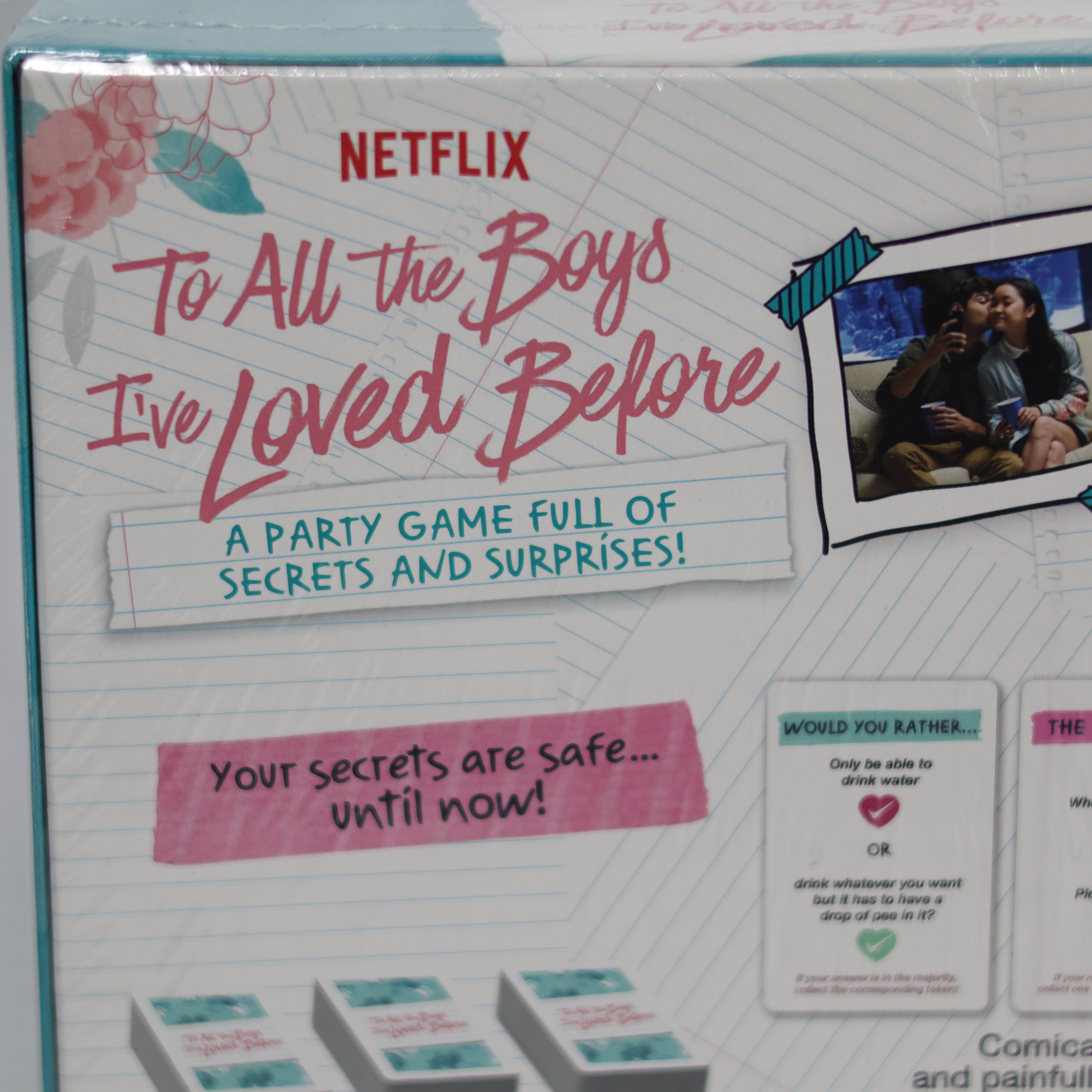 NETFLIX 'To All the Boys I've Loved Before' party game packaging with text and images.