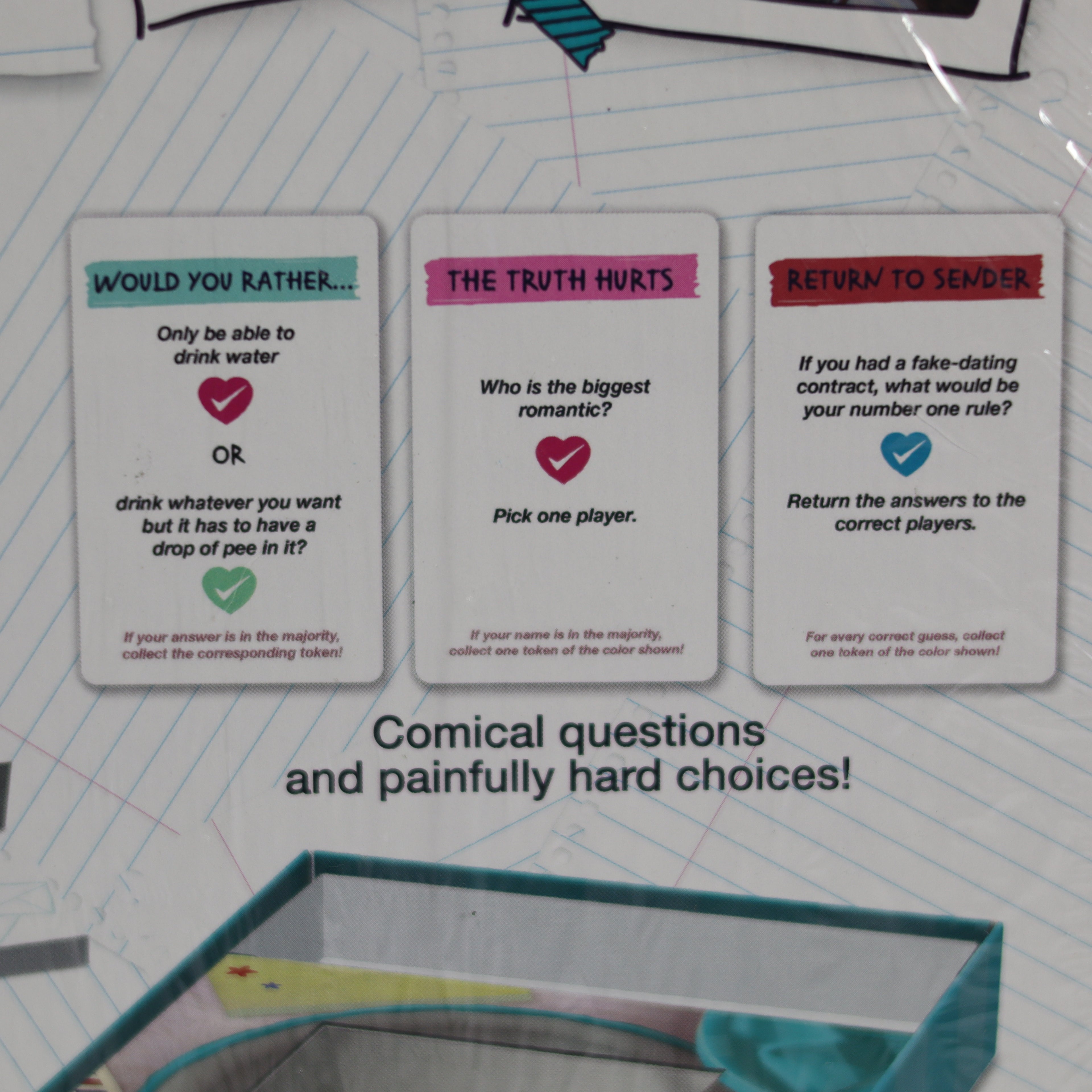 Card game with humorous and challenging questions on a lined paper background