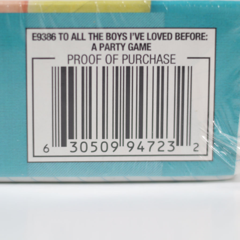 Bar code on a product packaging with text 'E9386 TO ALL THE BOYS I'VE LOVED BEFORE: A PARTY GAME PROOF OF PURCHASE'.